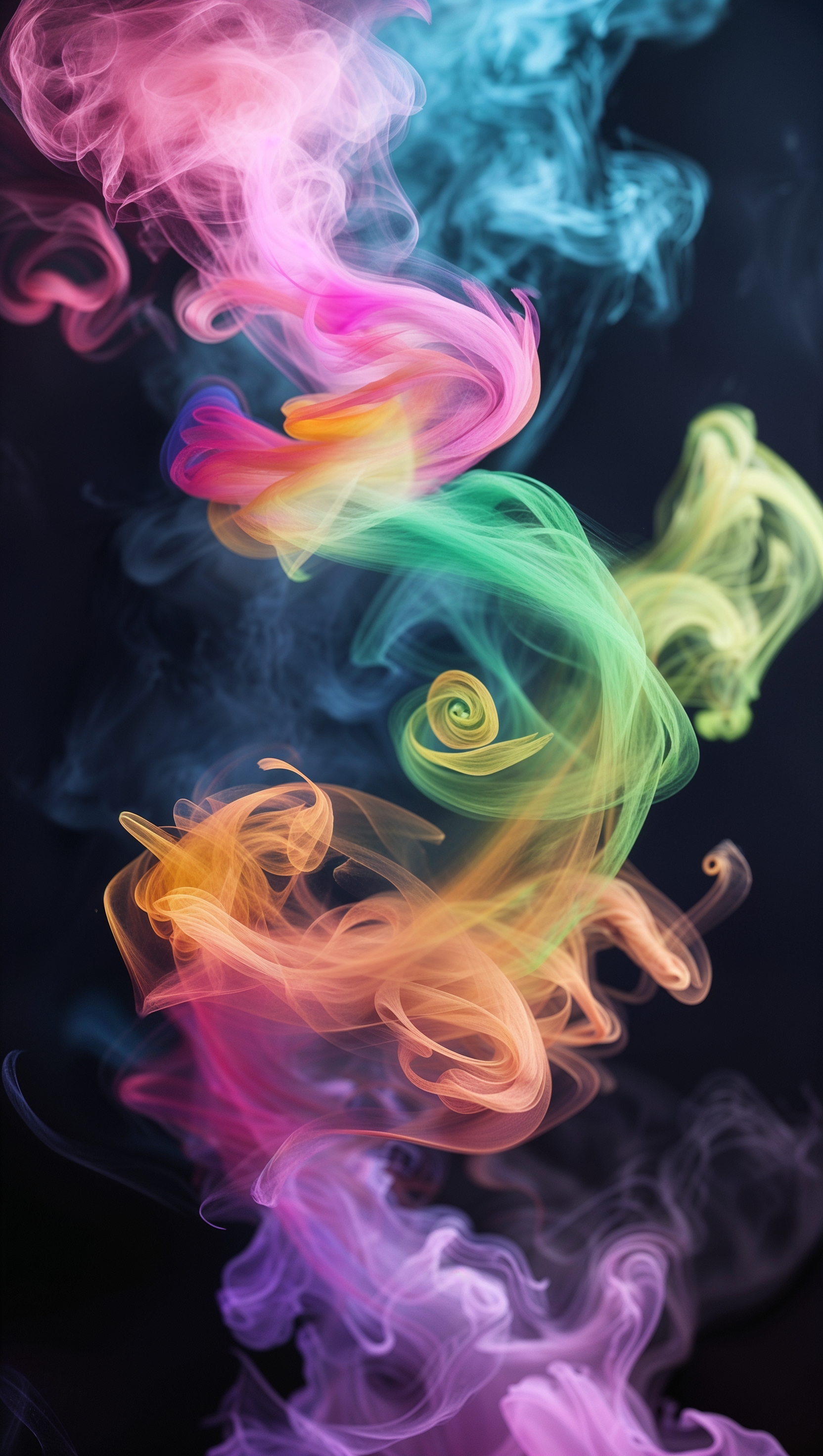 Rainbow smoke wisps with dark backdrop, glowing and vivid contrast