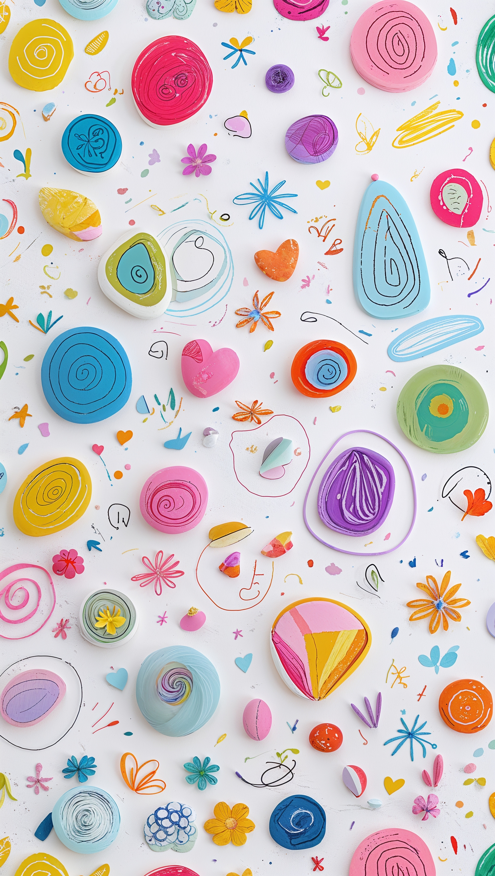 Cute colorful doodles scattered on white background, playful and cheerful