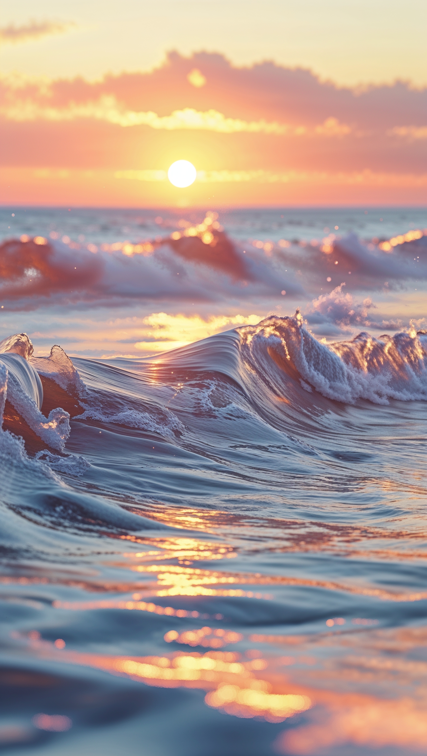 Peaceful ocean waves under a golden sunset, high resolution, vertical iPhone format