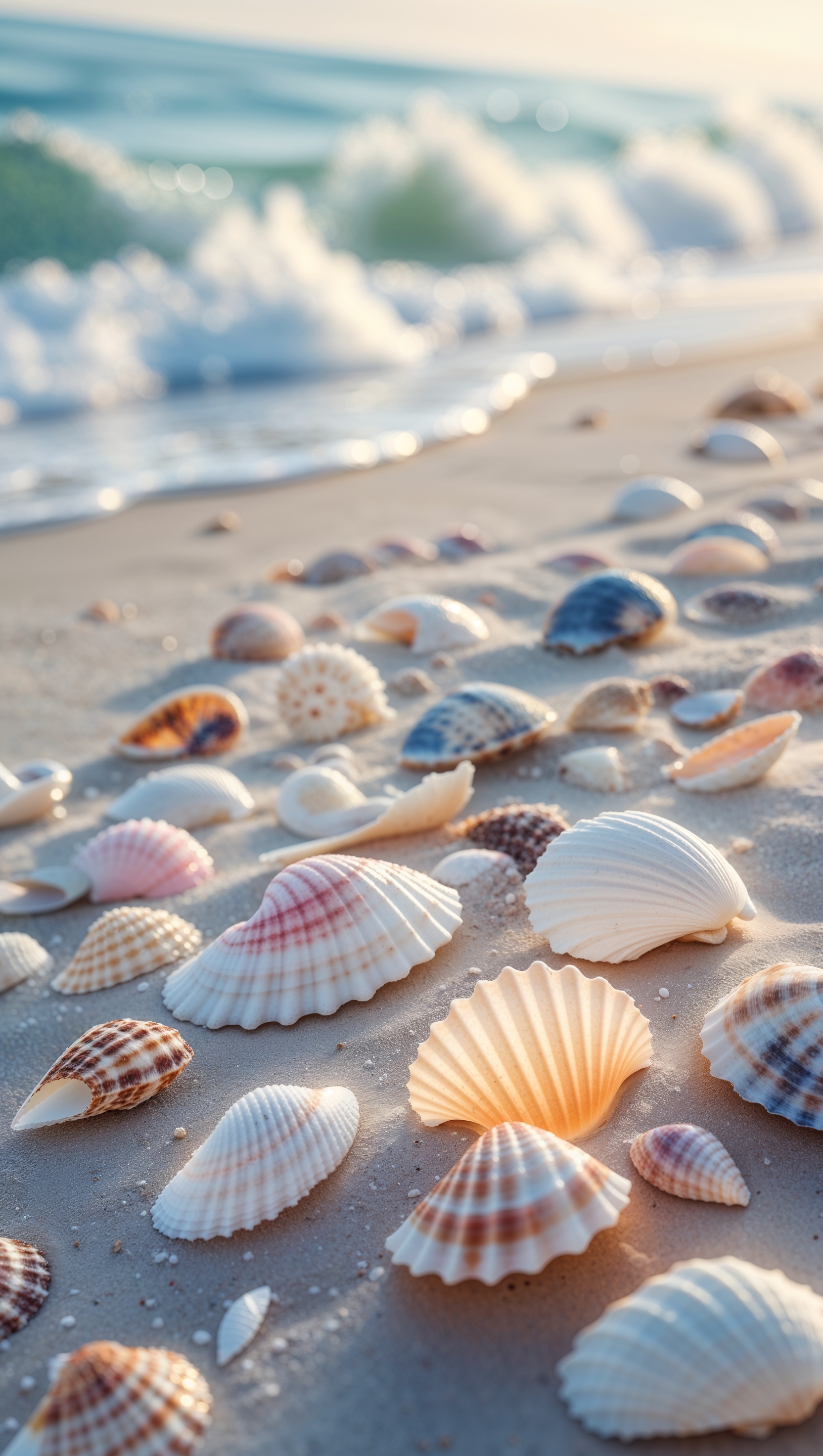 Soft-focus image of seashells on a beach with ocean waves in the background