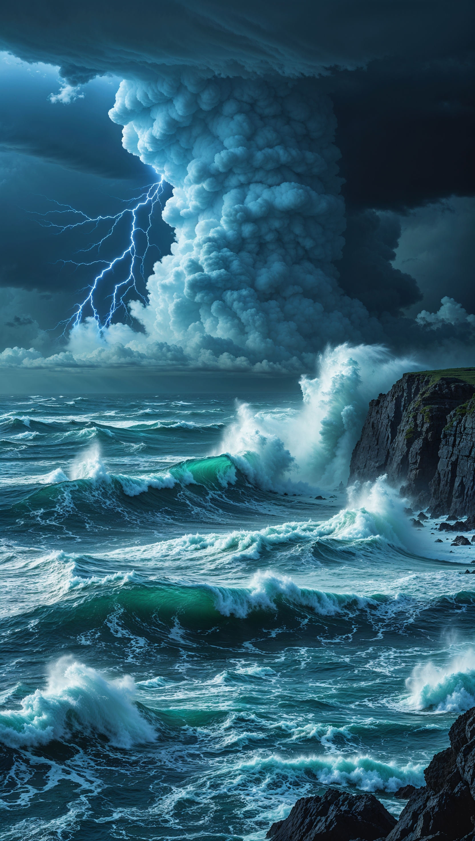 Stormy ocean with dark clouds and turbulent waves, dramatic and powerful