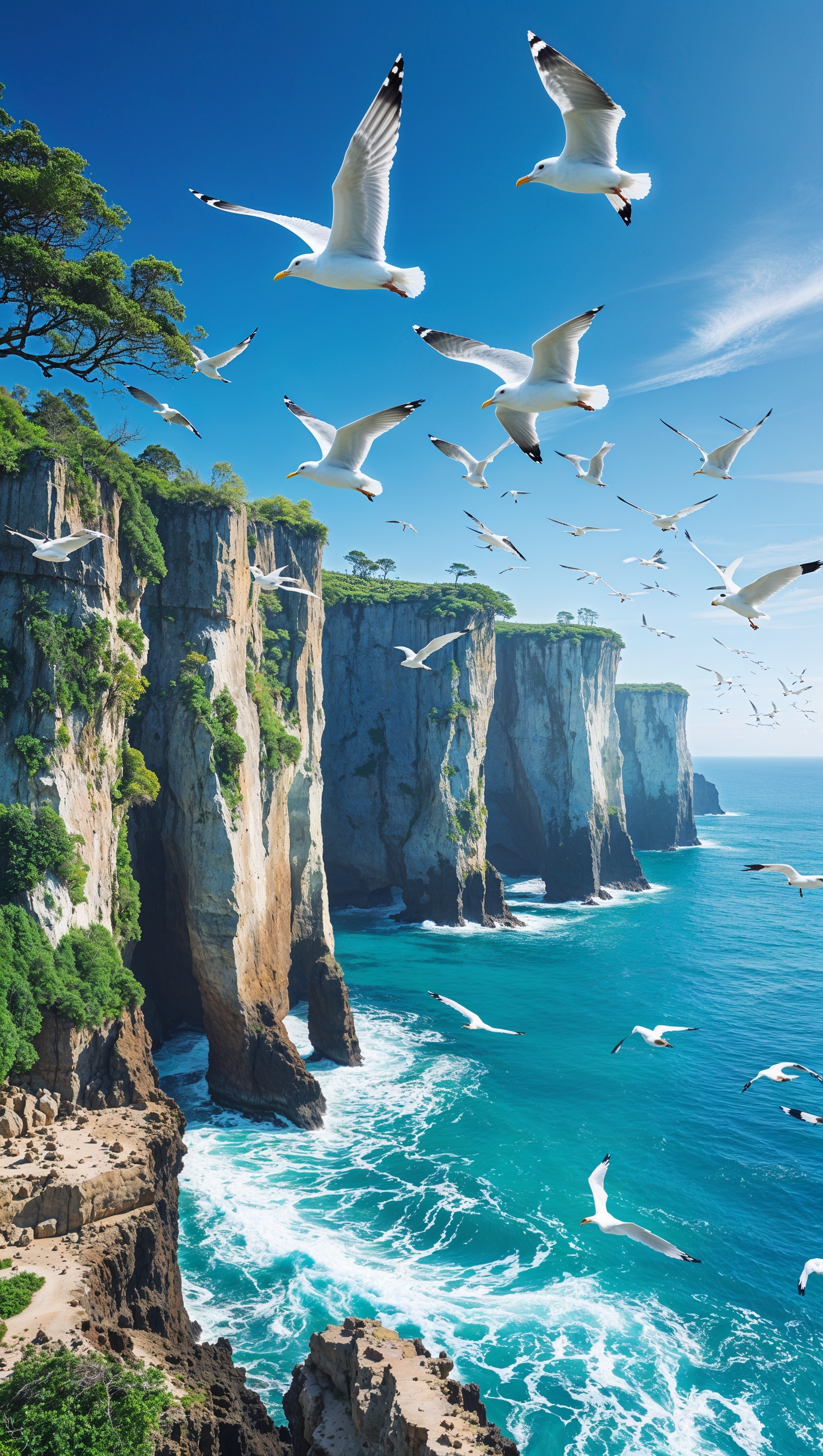 Vertical wallpaper of ocean and cliffs with birds flying above, natural and free