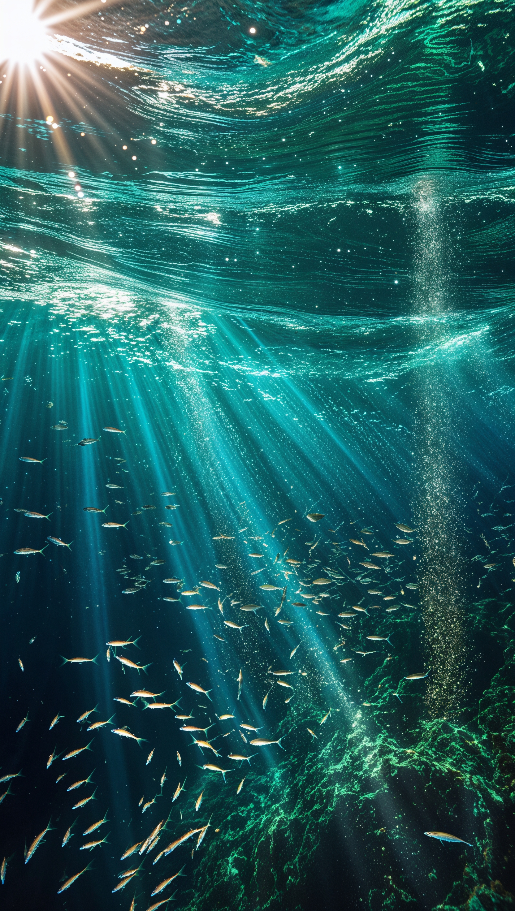 Sunlight piercing through ocean surface in underwater view, glowing particles