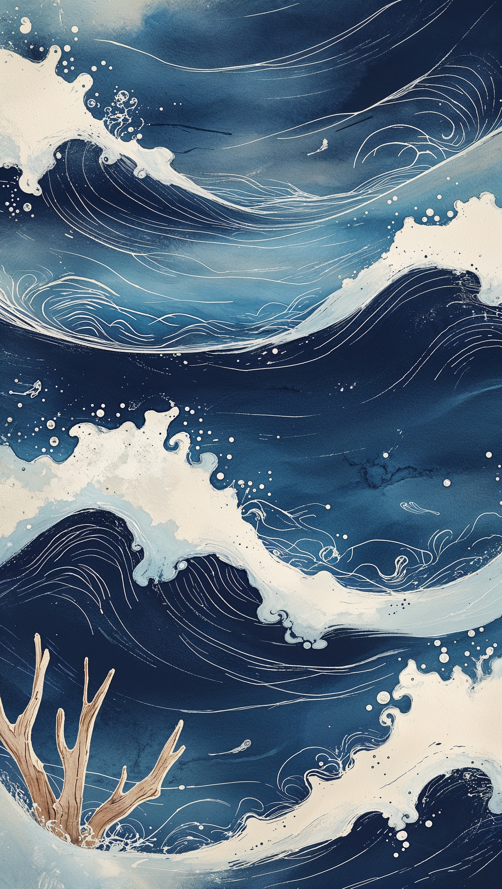 Vintage-style ocean sketch in navy blue and off-white tones