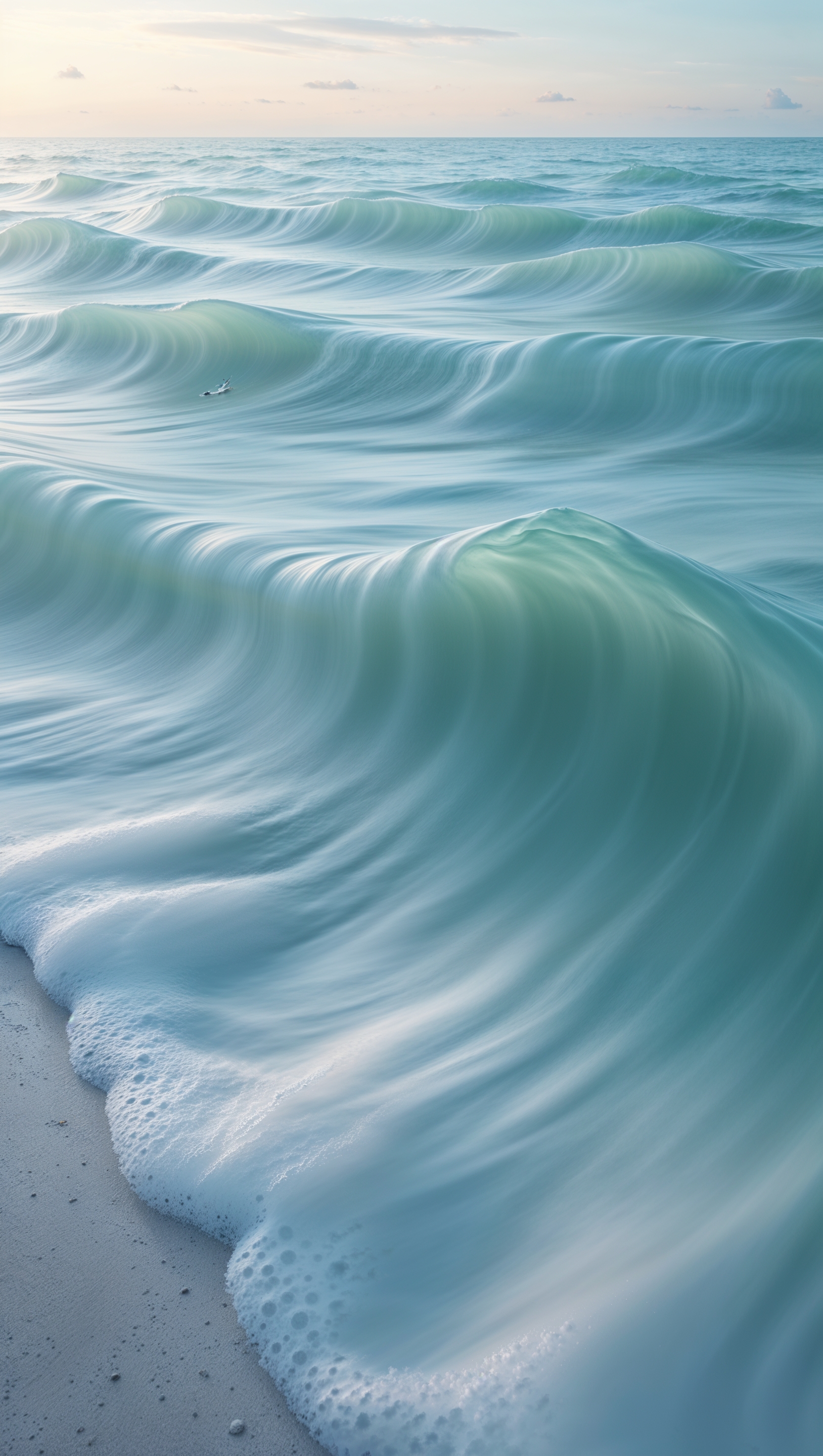 Long exposure ocean photograph with smooth wave motion and soft sky