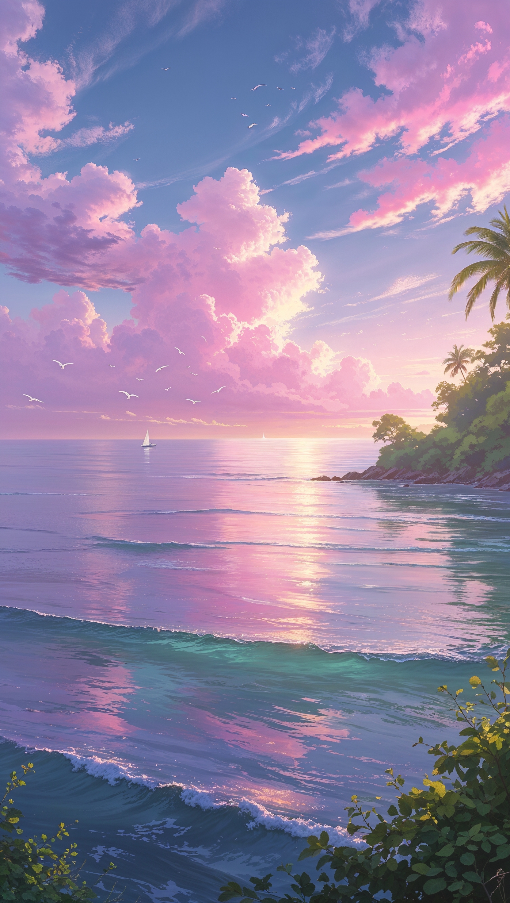 Ocean at dawn with pink and lavender sky tones, tranquil and romantic