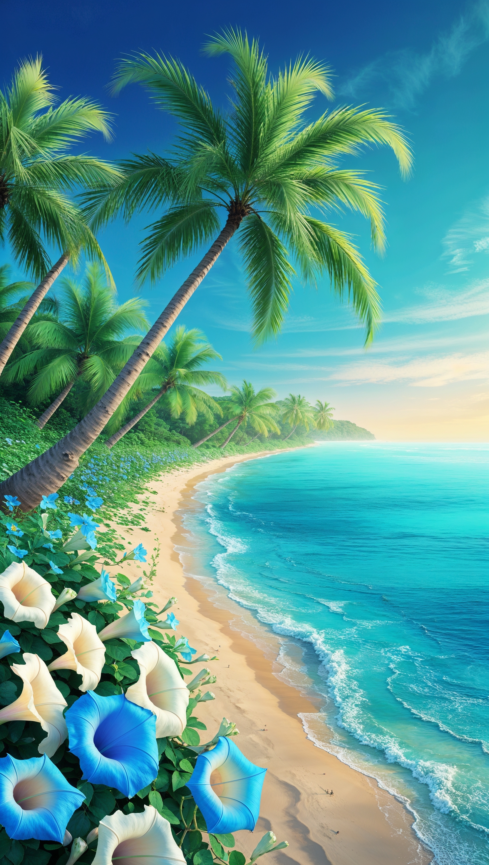Tropical ocean scene with palm trees on shoreline and vibrant blue water