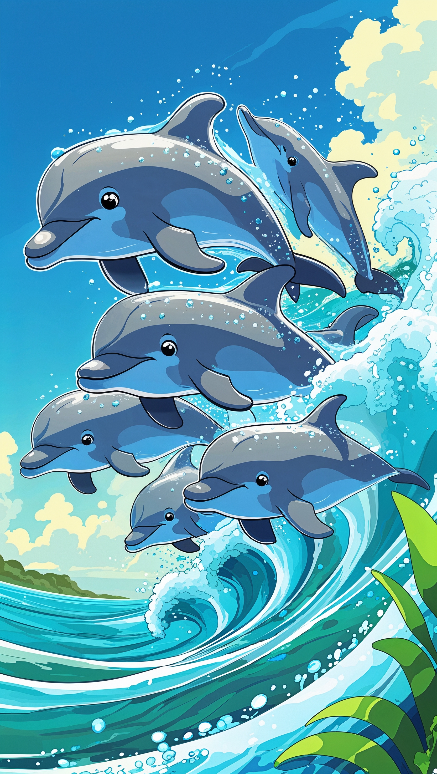 Cute cartoon-style ocean wallpaper with dolphins jumping from waves