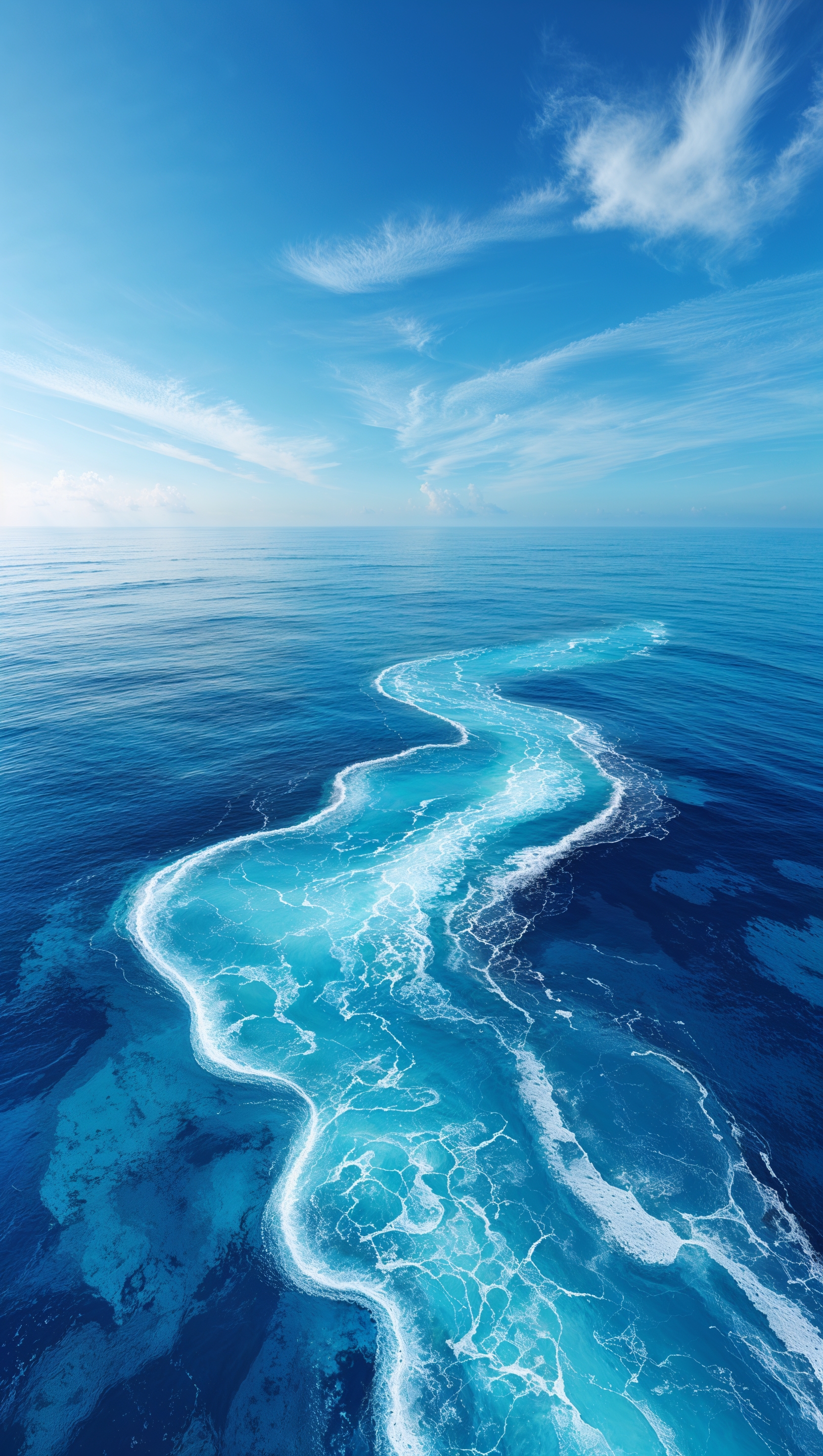 Aerial view of deep blue ocean with white foamy waves, clean minimalist style