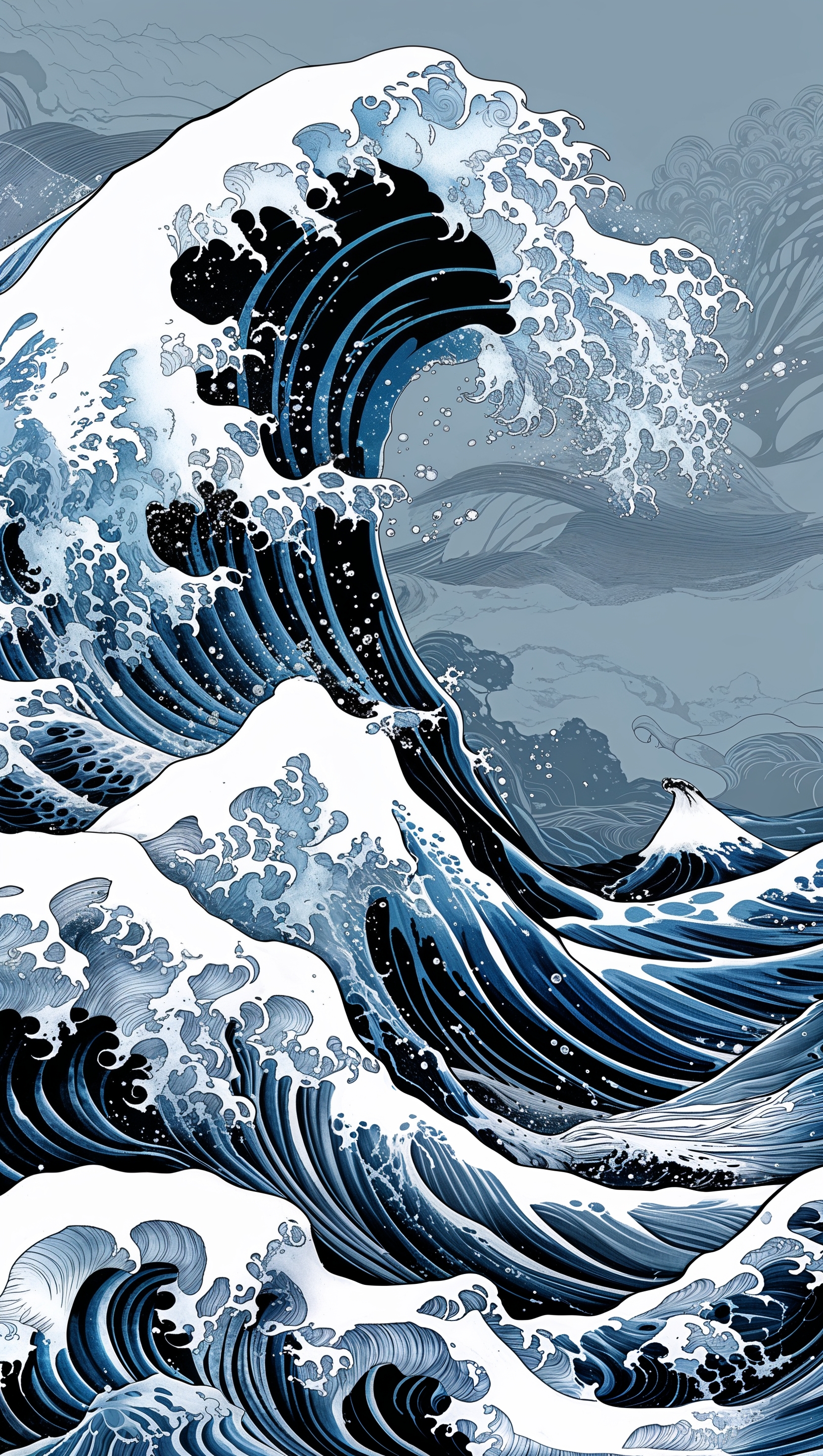 Stylized line art of ocean waves in Japanese Hokusai style