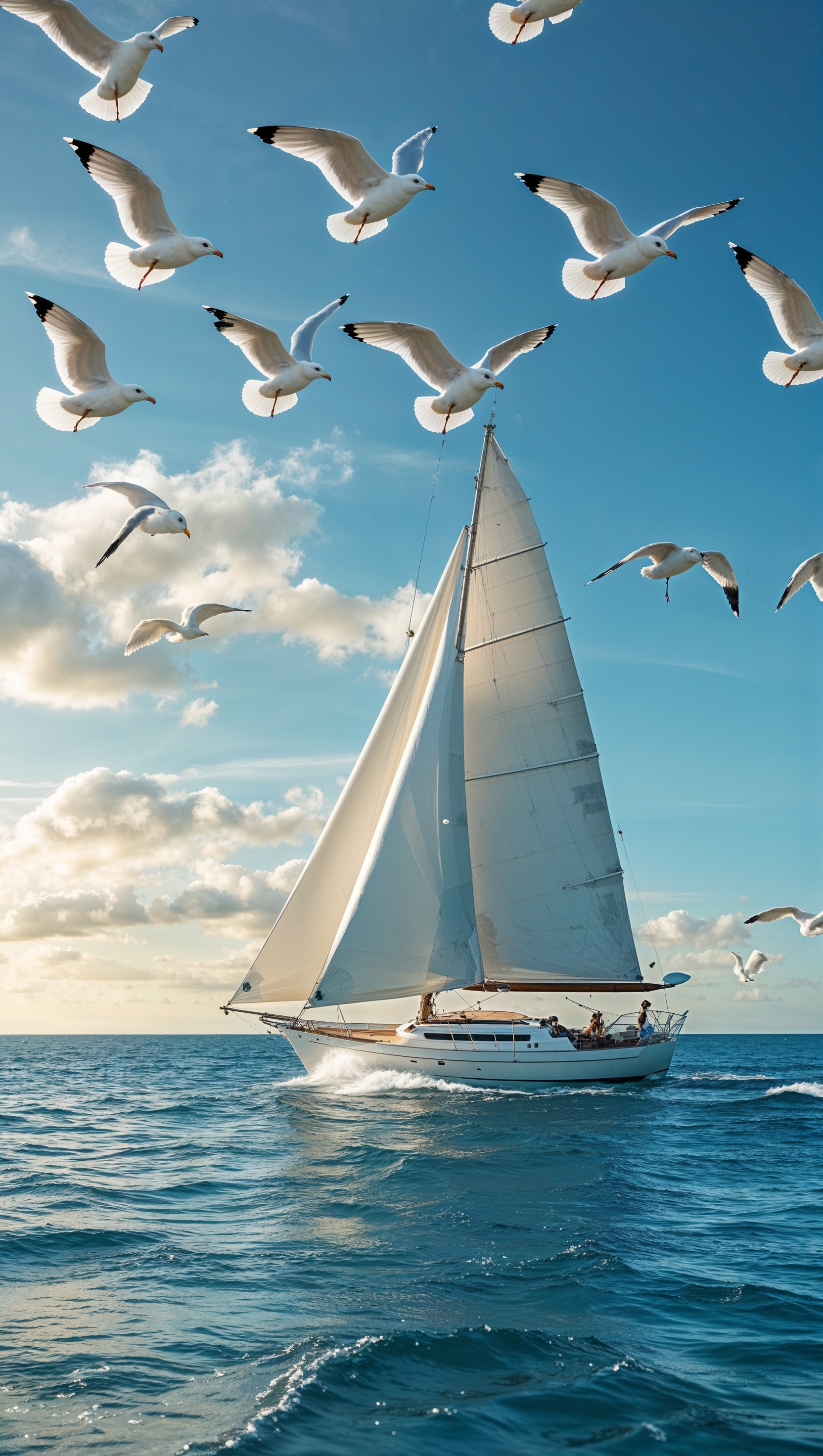 Ocean scene with sailboat in the distance and birds flying overhead