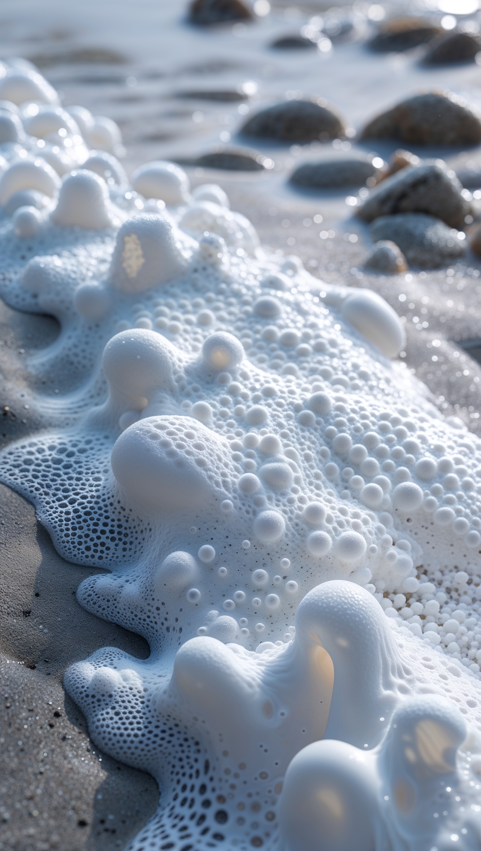 White foam on shorelines captured close-up, with texture-rich detail