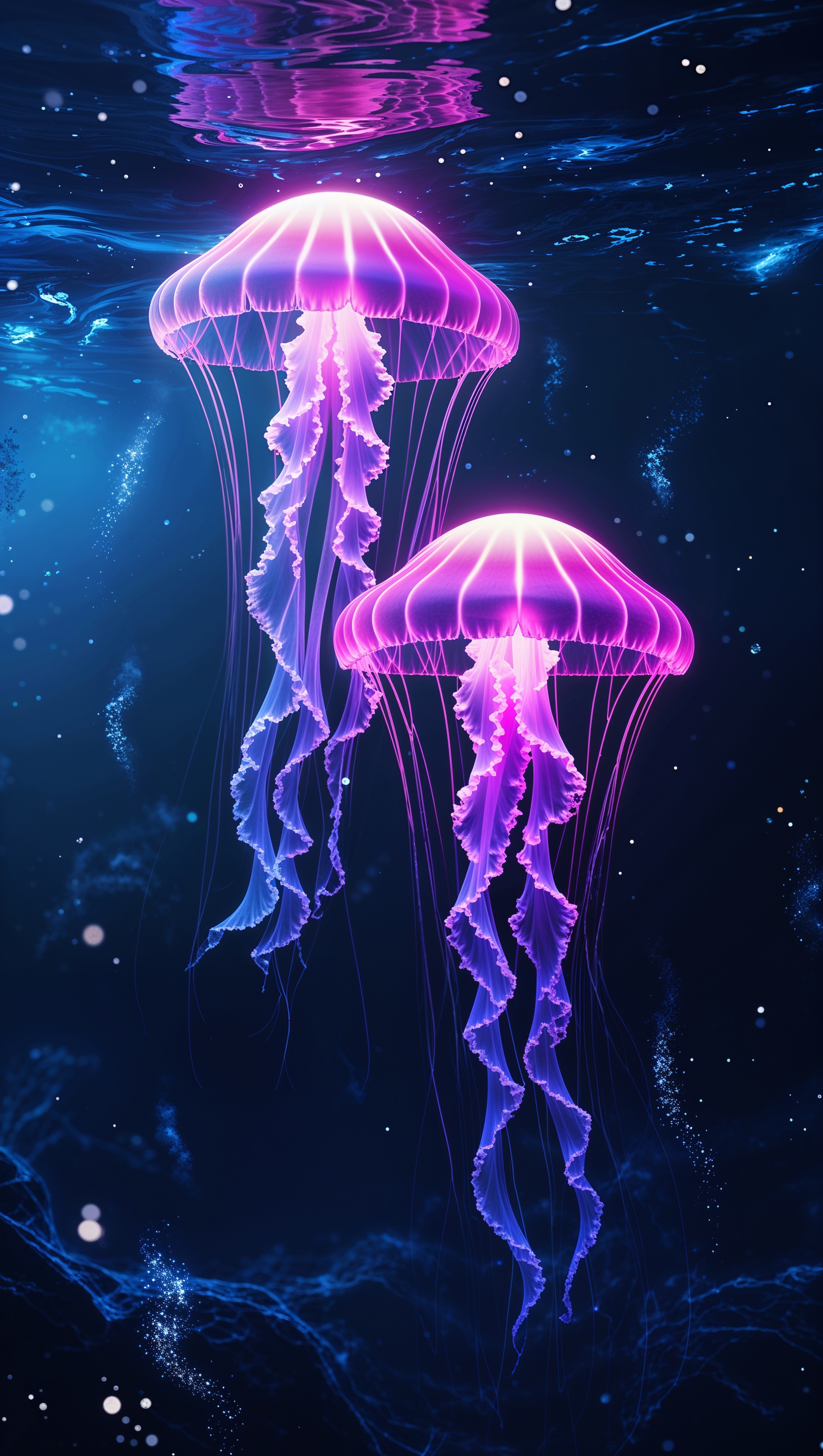 Ocean-themed digital art with glowing jellyfish floating in deep blue water