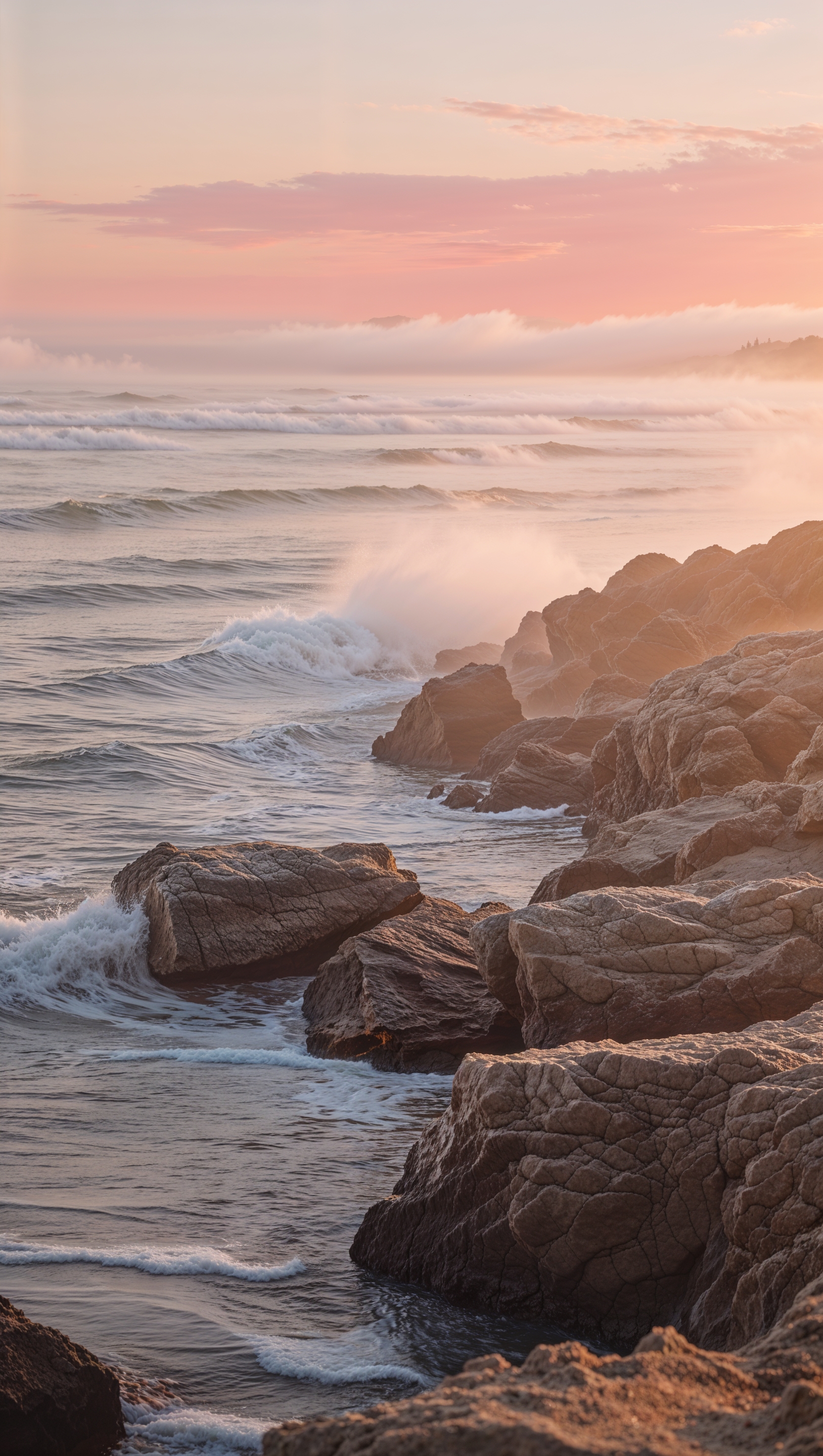 Waves gently hitting rocks during golden hour, warm tones and peaceful mood