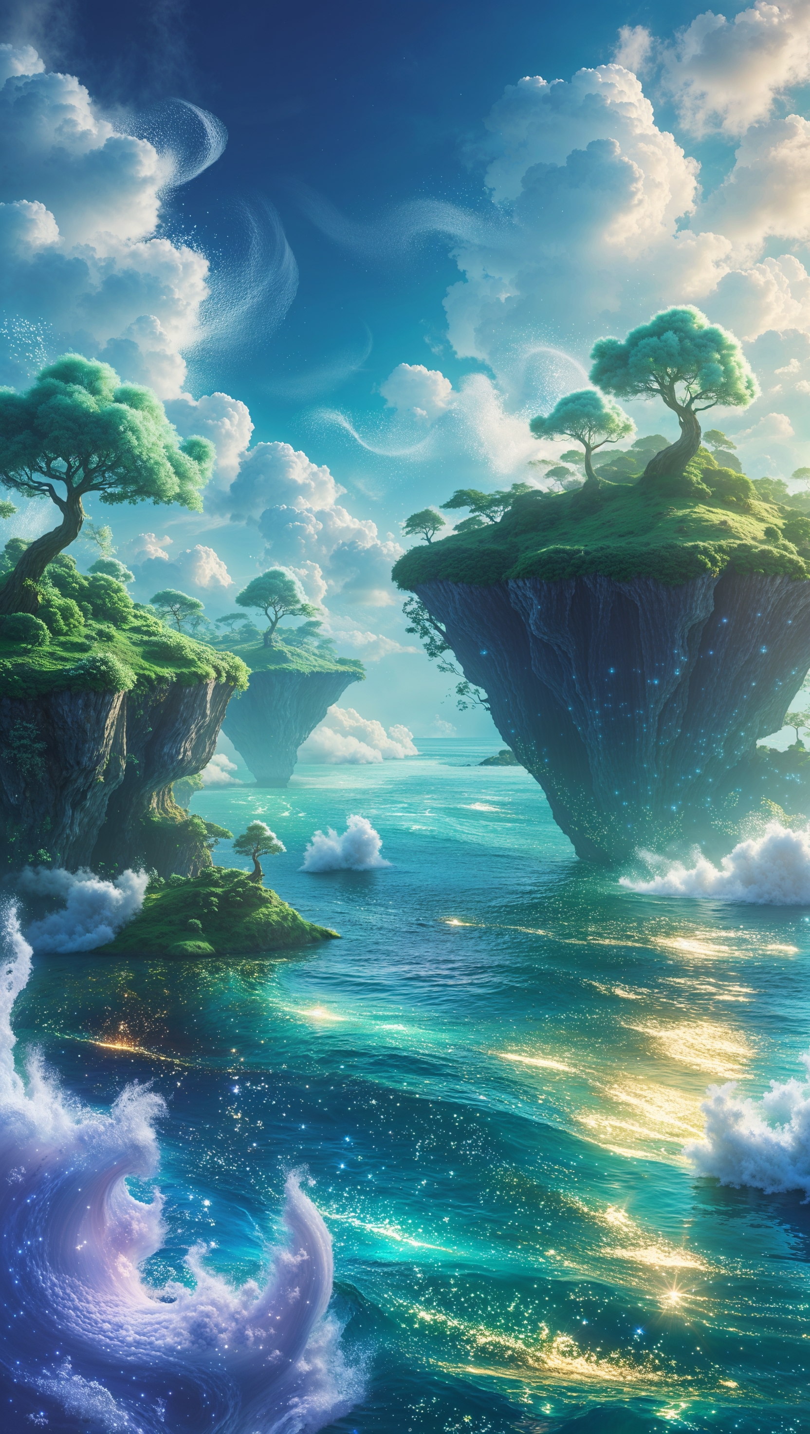 Fantasy-style ocean with floating islands and glowing water, surreal and imaginative