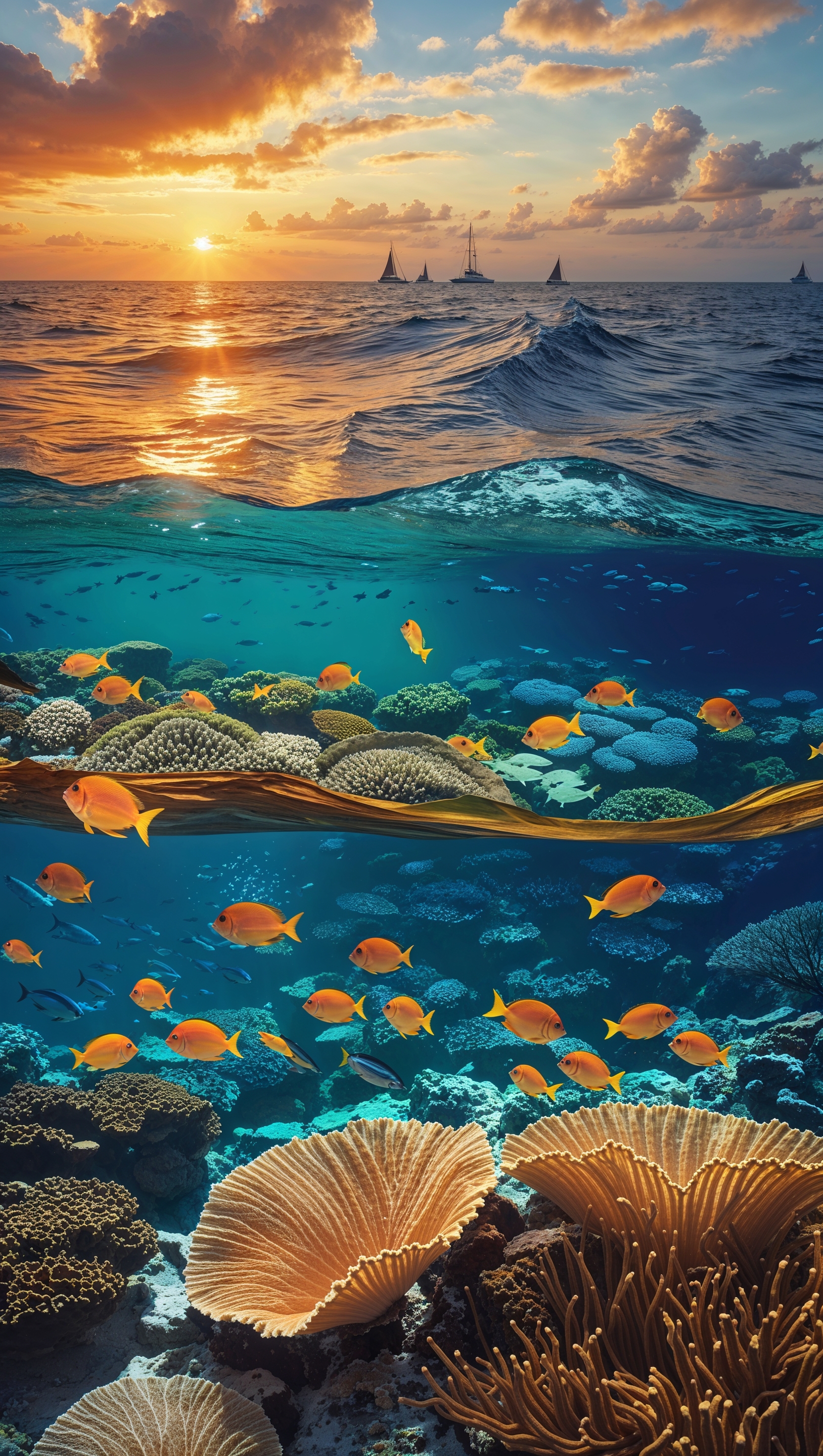 Ocean split view with above-water sunset and below-water coral reef