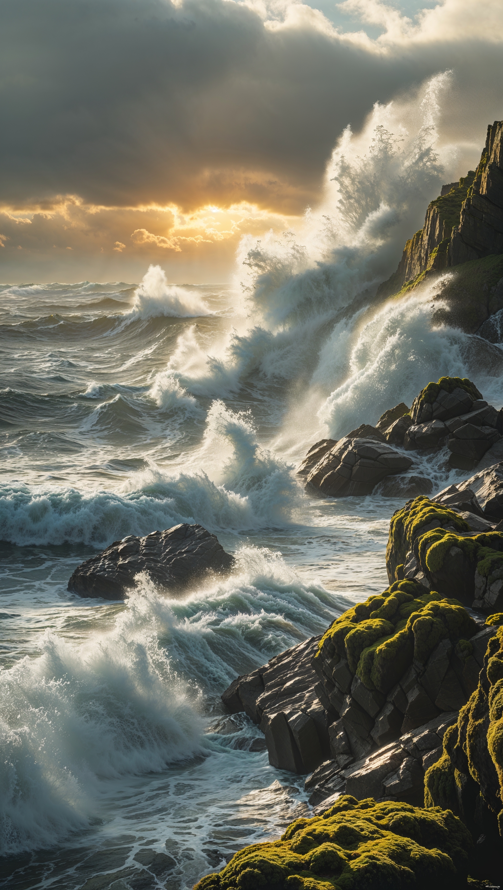 Waves crashing dramatically on rocks, cinematic and dynamic scene