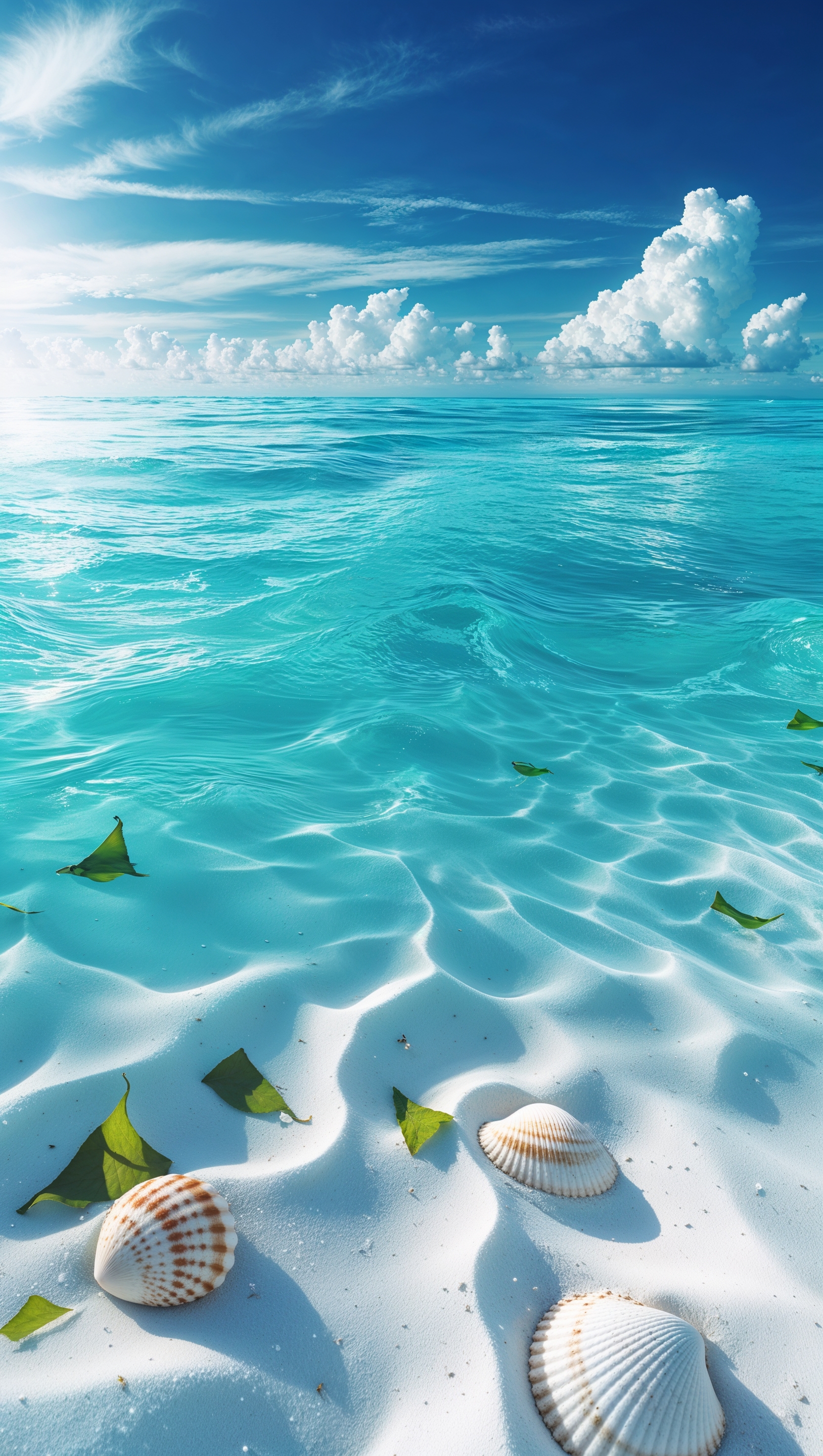 Crystal-clear ocean water with white sand visible below, tropical and relaxing