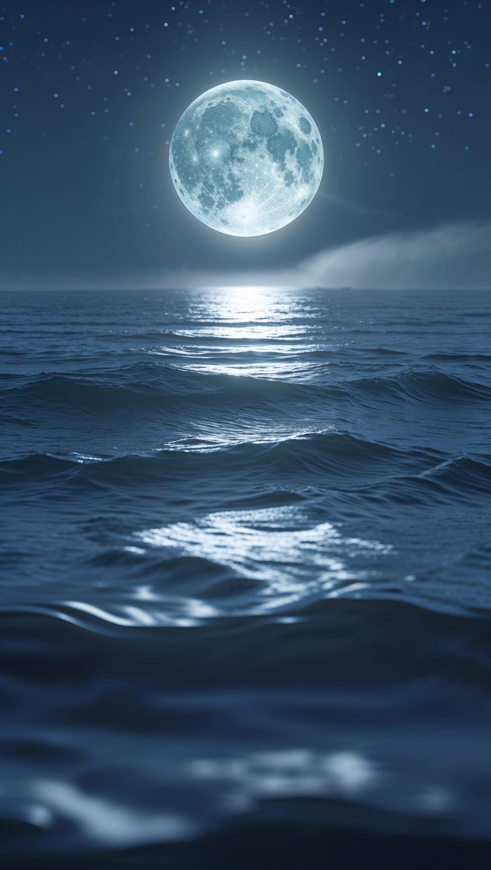 Nighttime ocean with moonlight reflecting on the waves, dreamy atmosphere