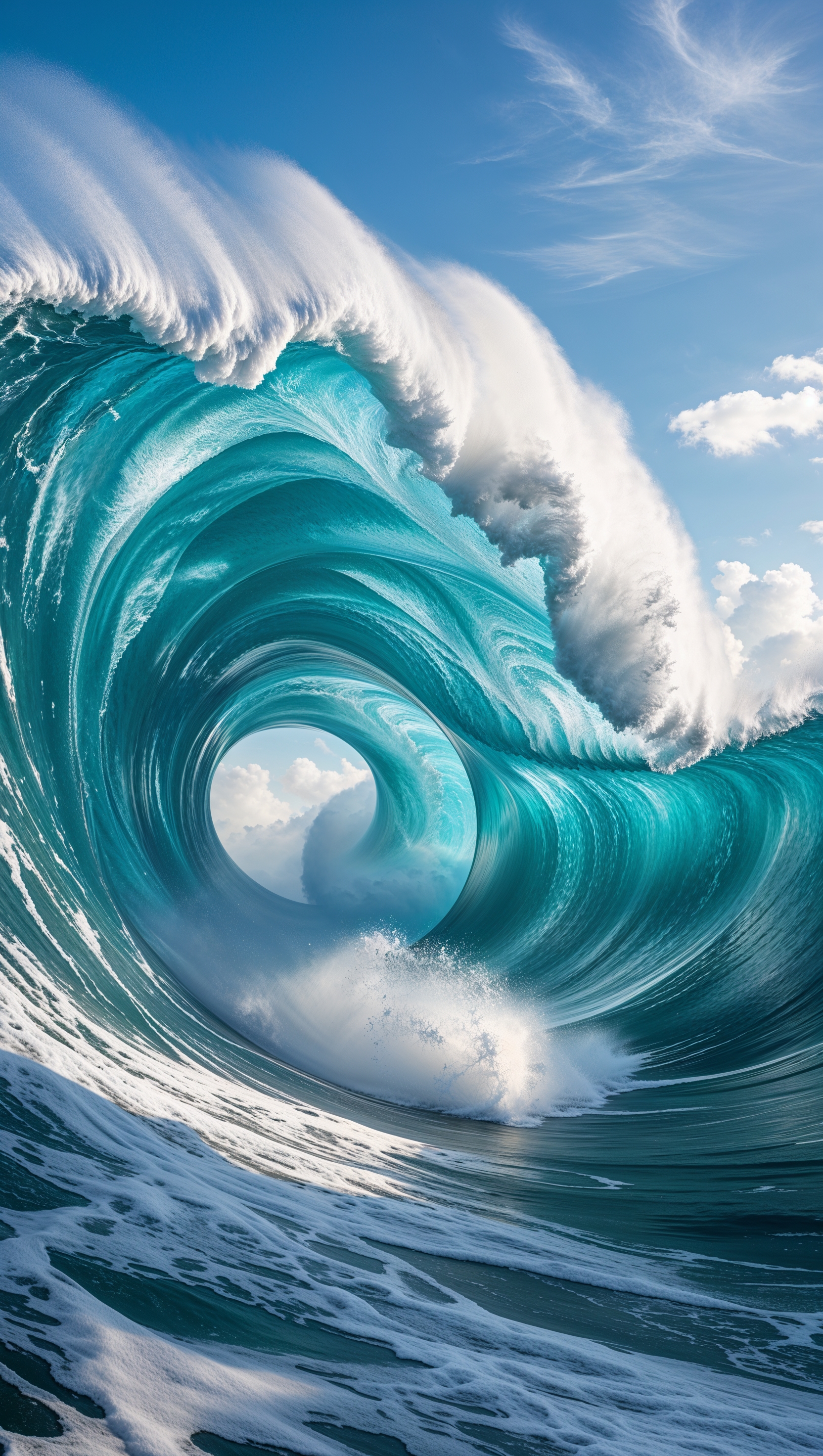 Giant ocean wave forming a tunnel, captured mid-motion, high energy