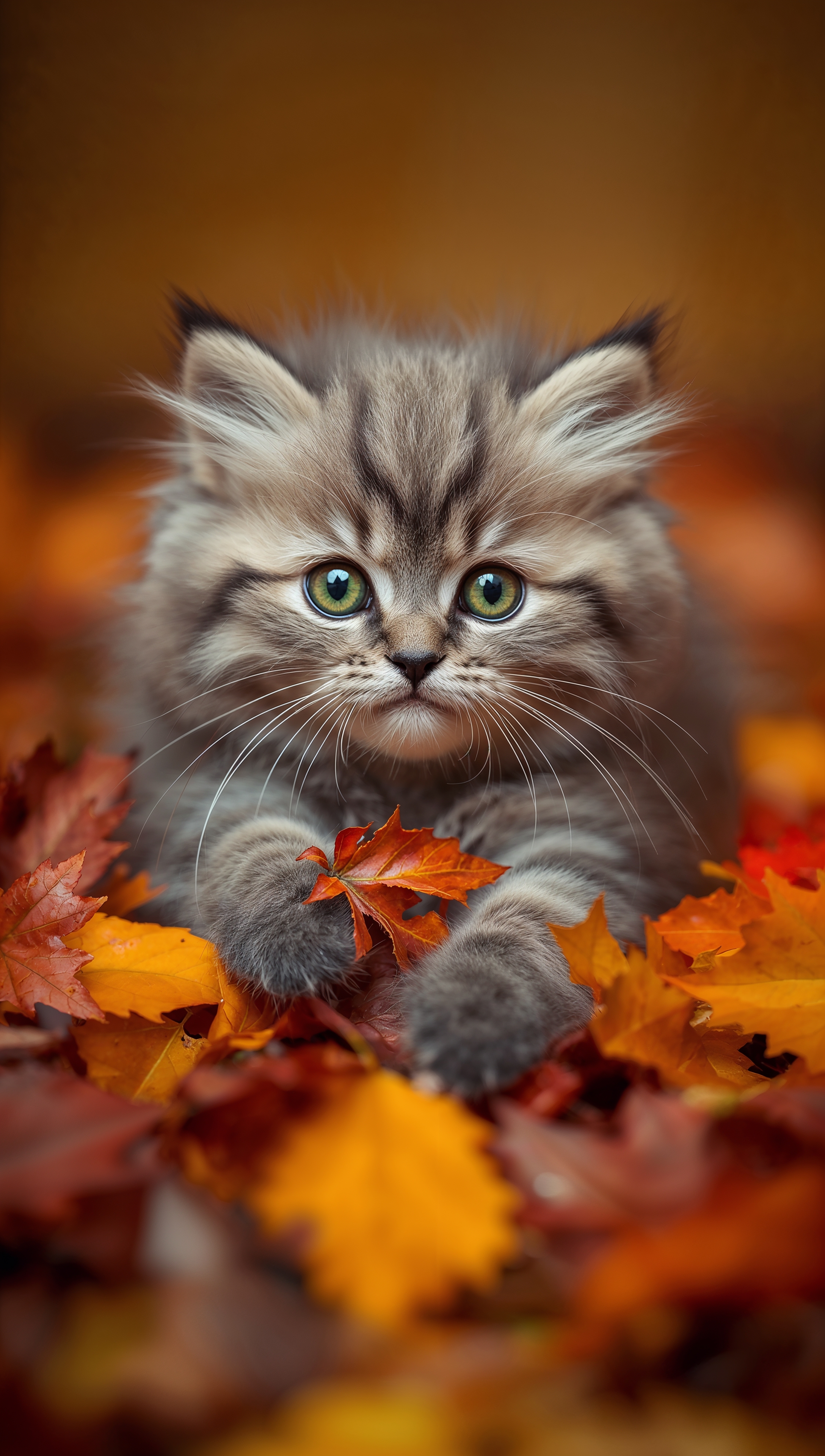 Cat iPhone wallpaper – kitten in autumn leaves