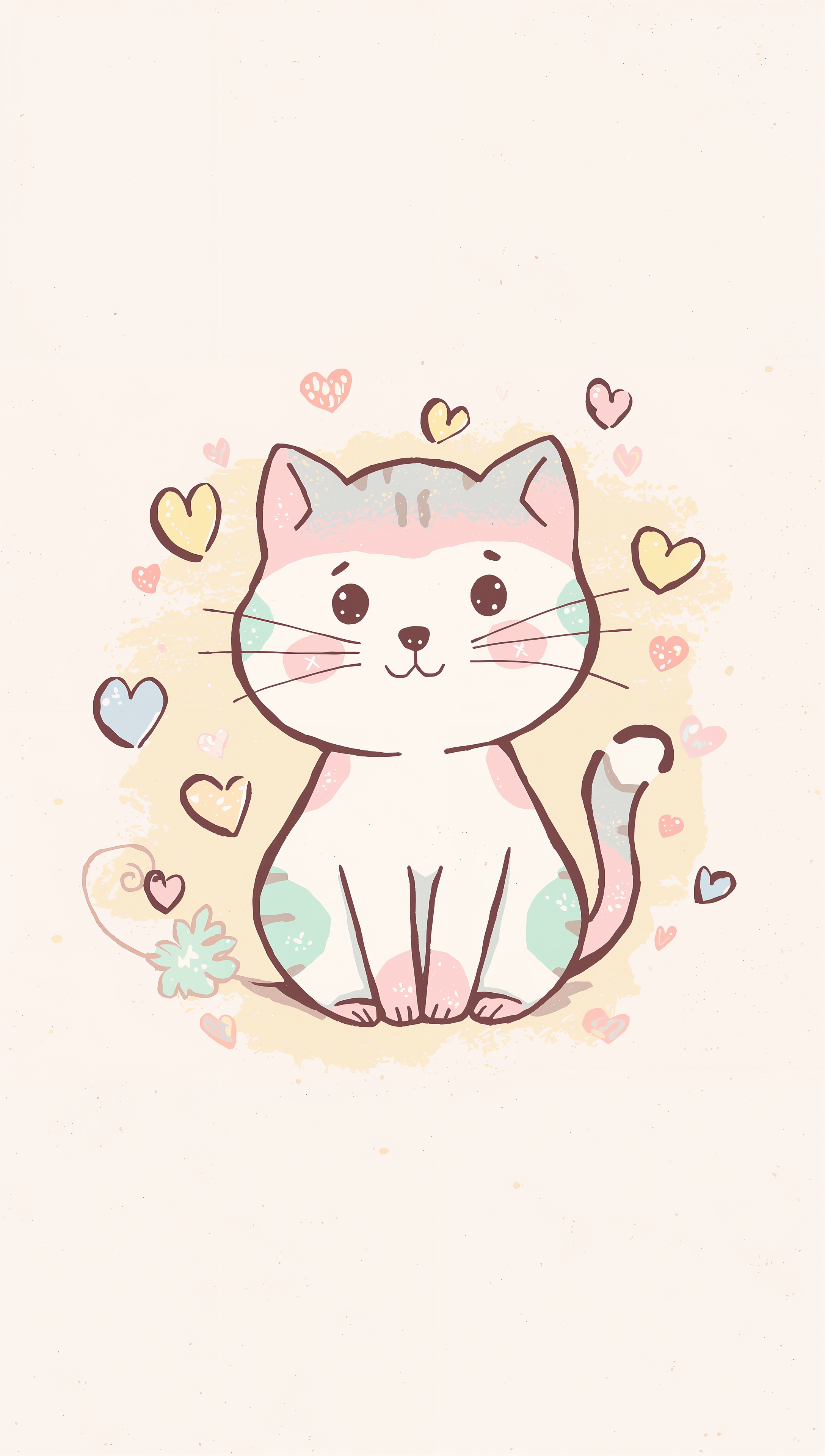 Cat iPhone wallpaper – pastel cartoon cat with hearts