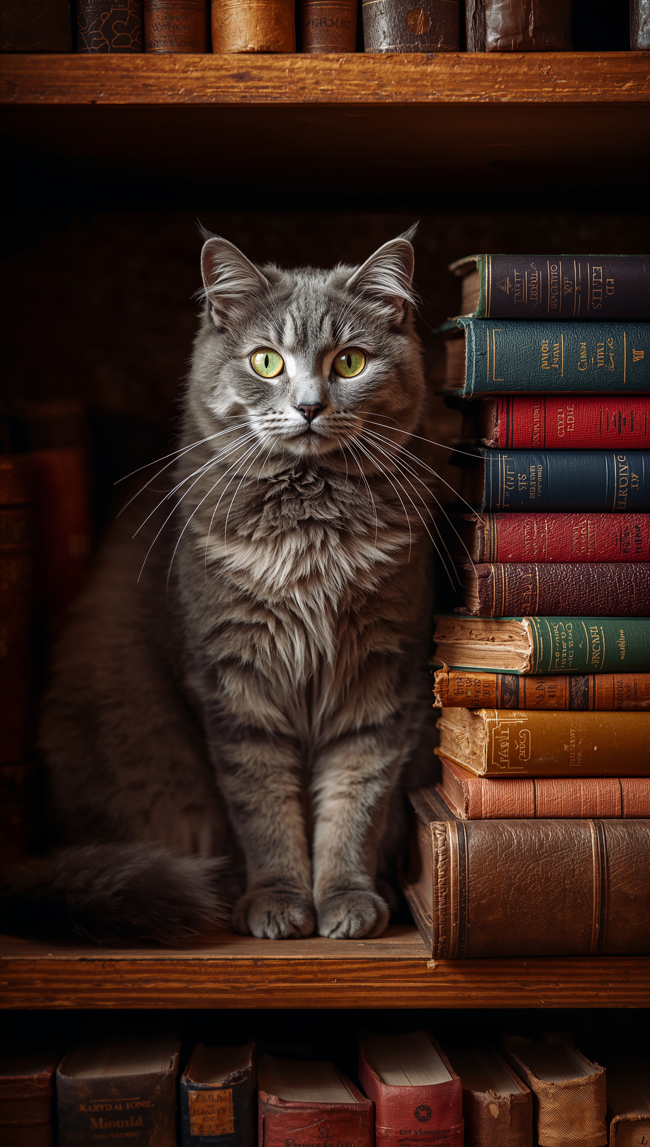 Cat sitting on bookshelf among books, cozy iPhone wallpaper