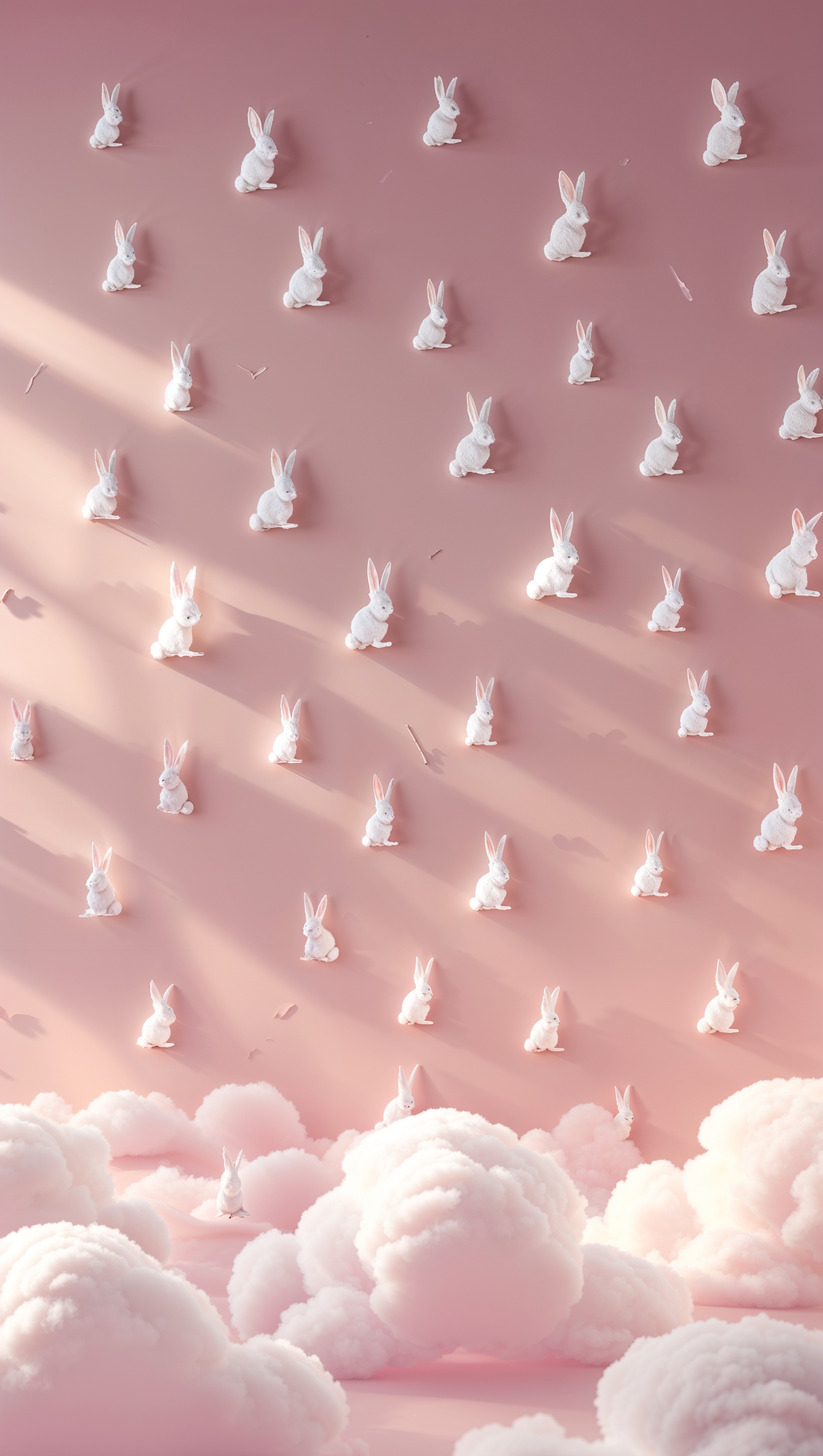 Cute pastel pink background with tiny white bunny silhouettes hopping around
