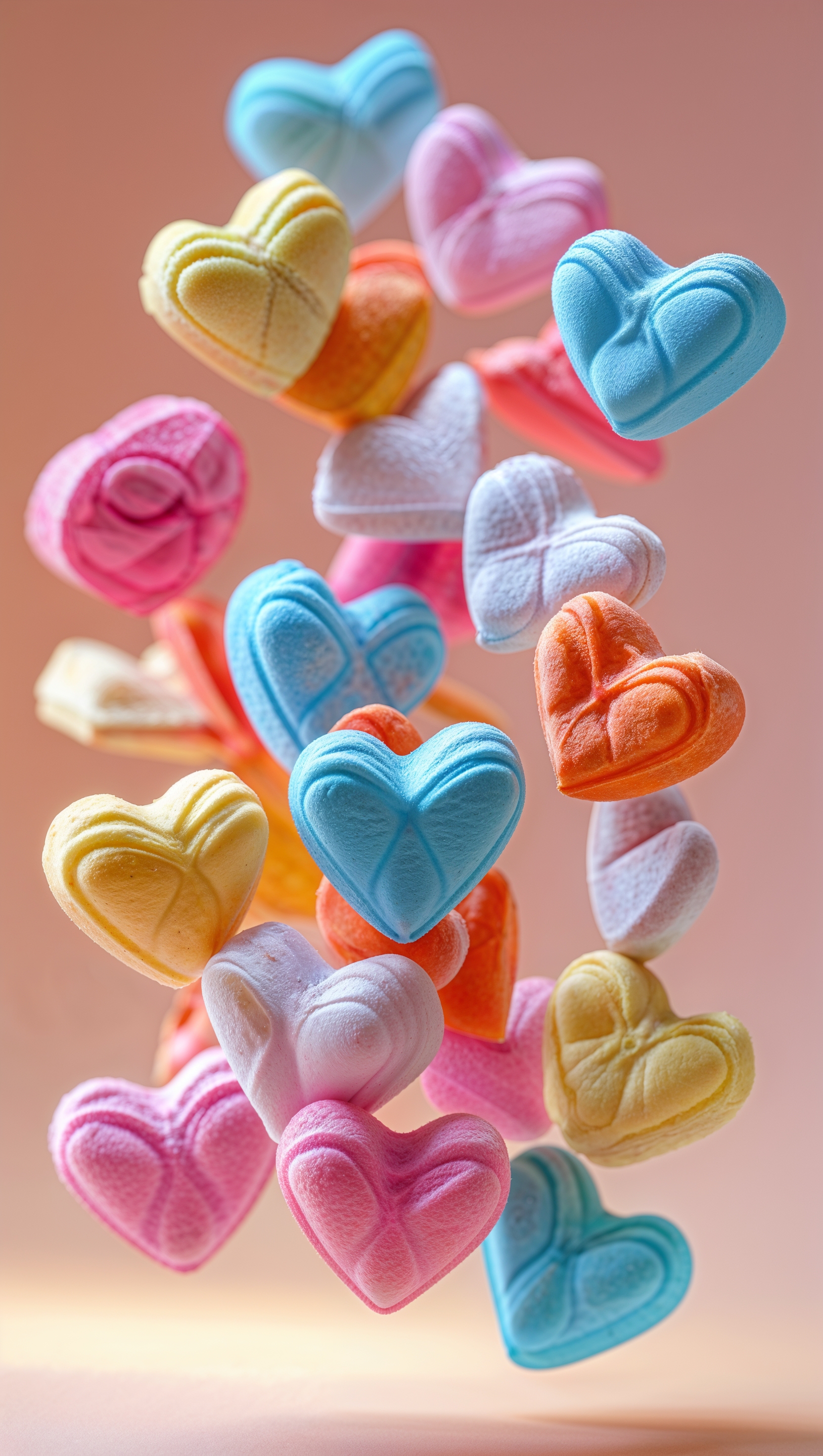 Colorful candy hearts floating on peach pastel background