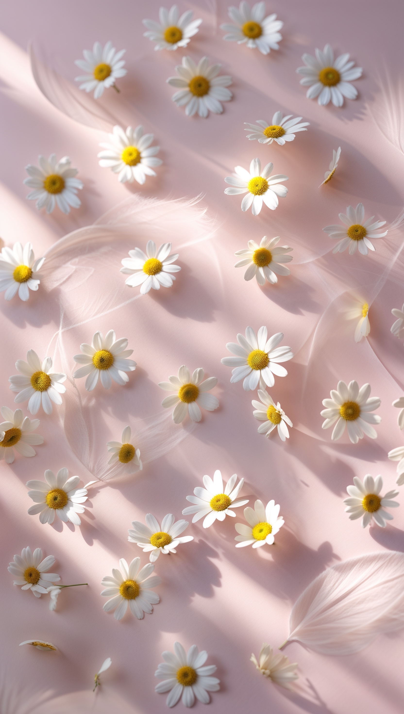 Tiny daisies scattered on light pink background with soft shadows