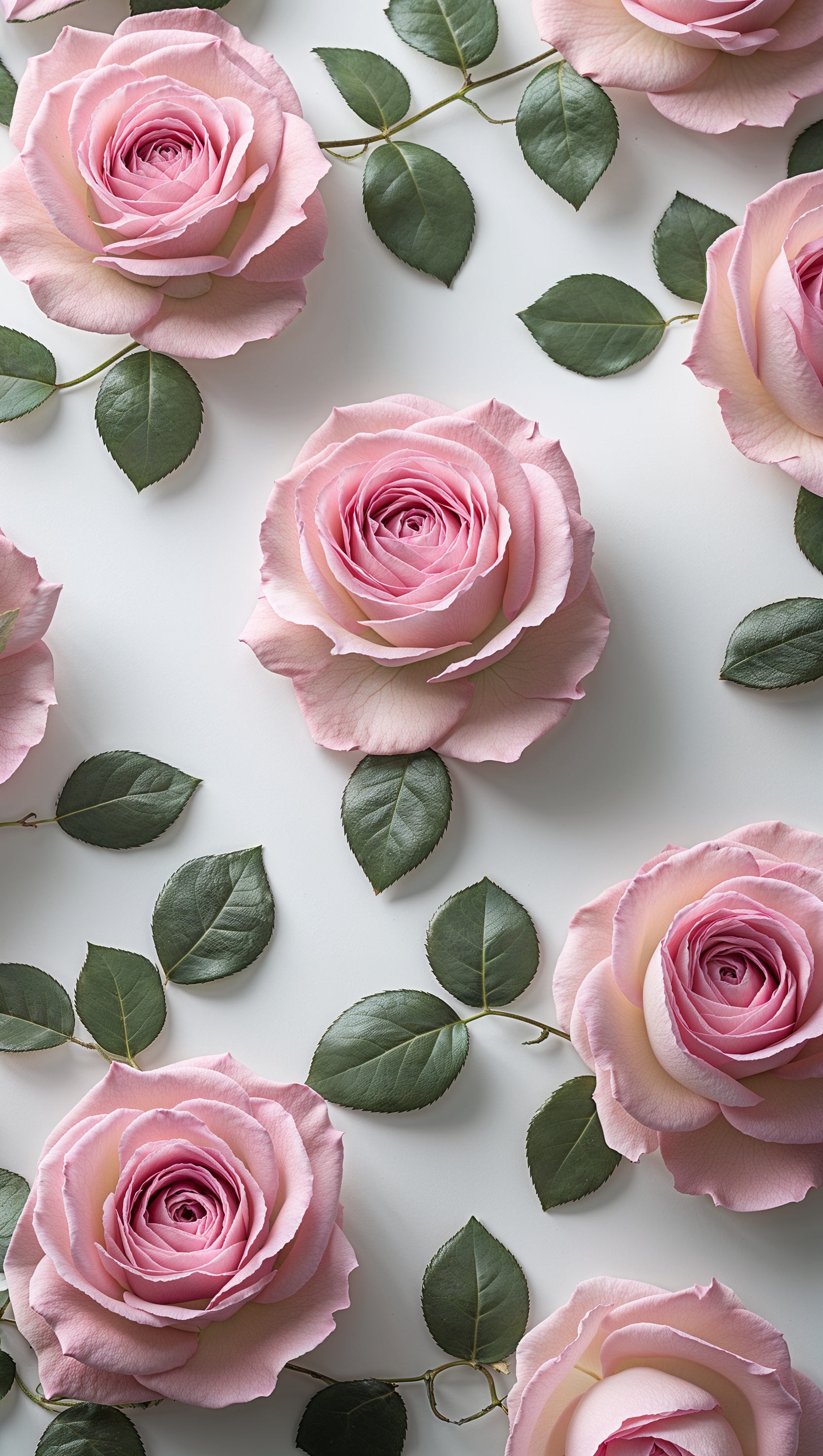 Pink roses and green leaves pattern on white background