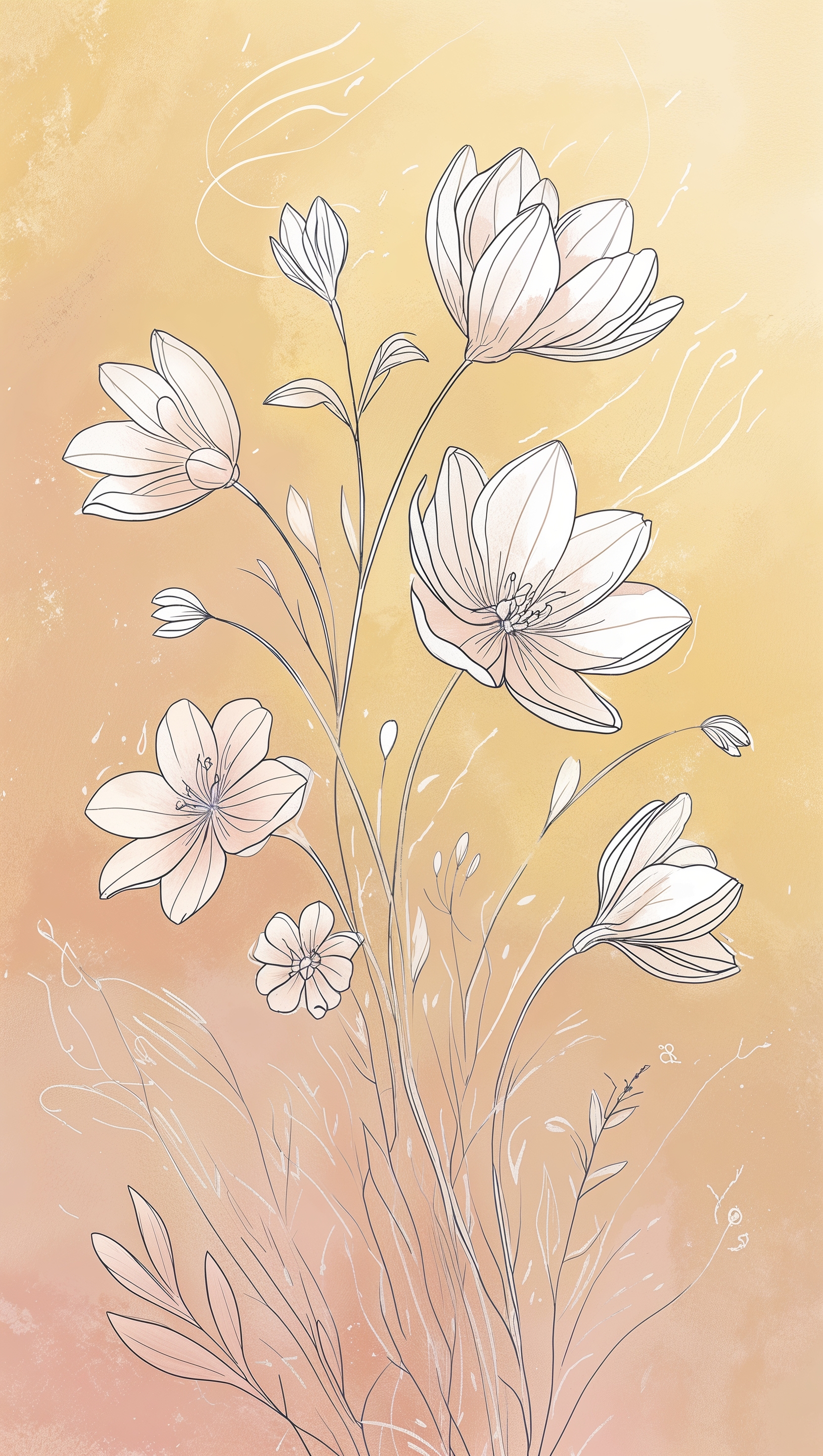 Simple line art of blooming flowers on pastel yellow background