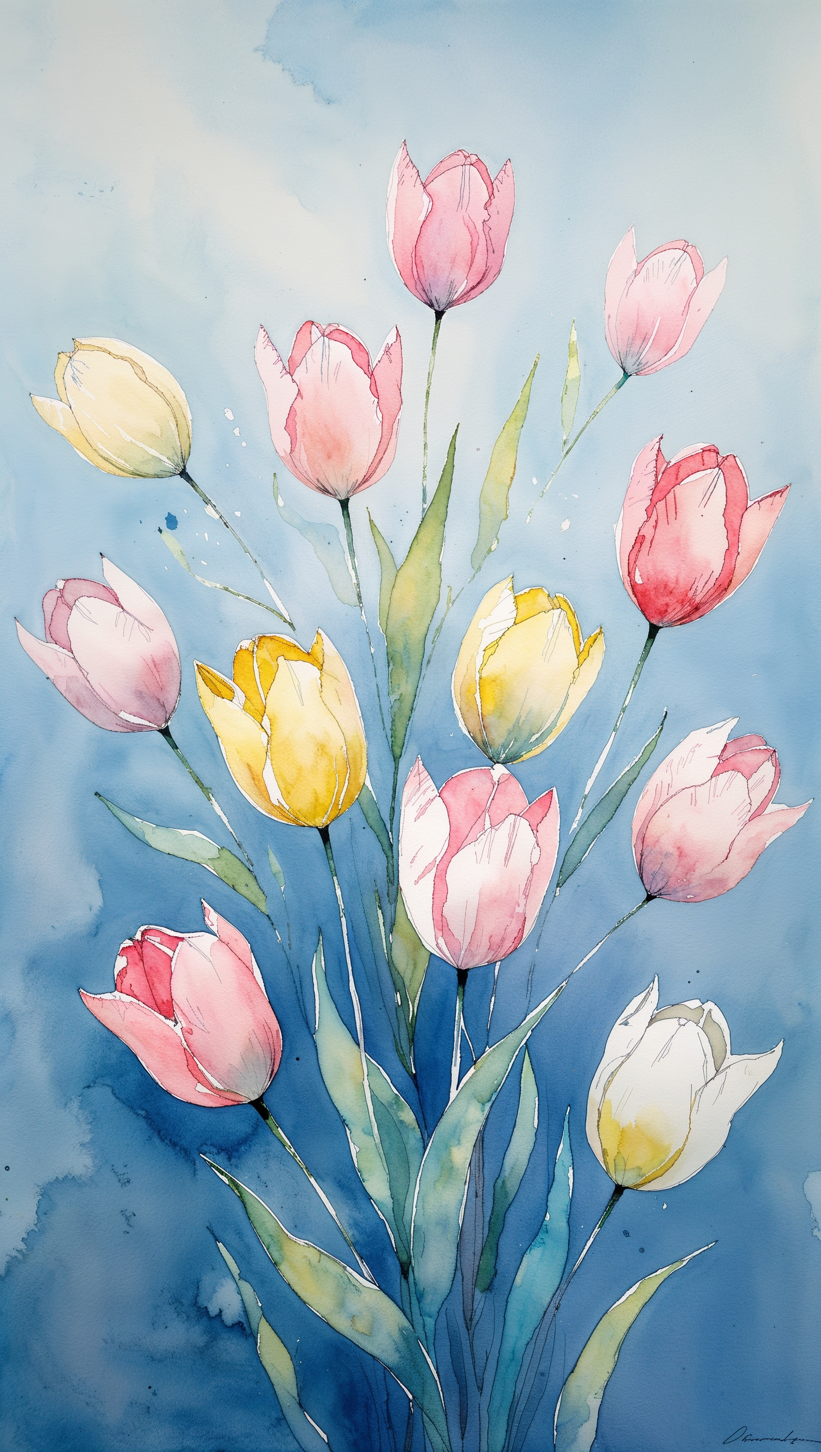 Watercolor tulips pattern on soft blue background