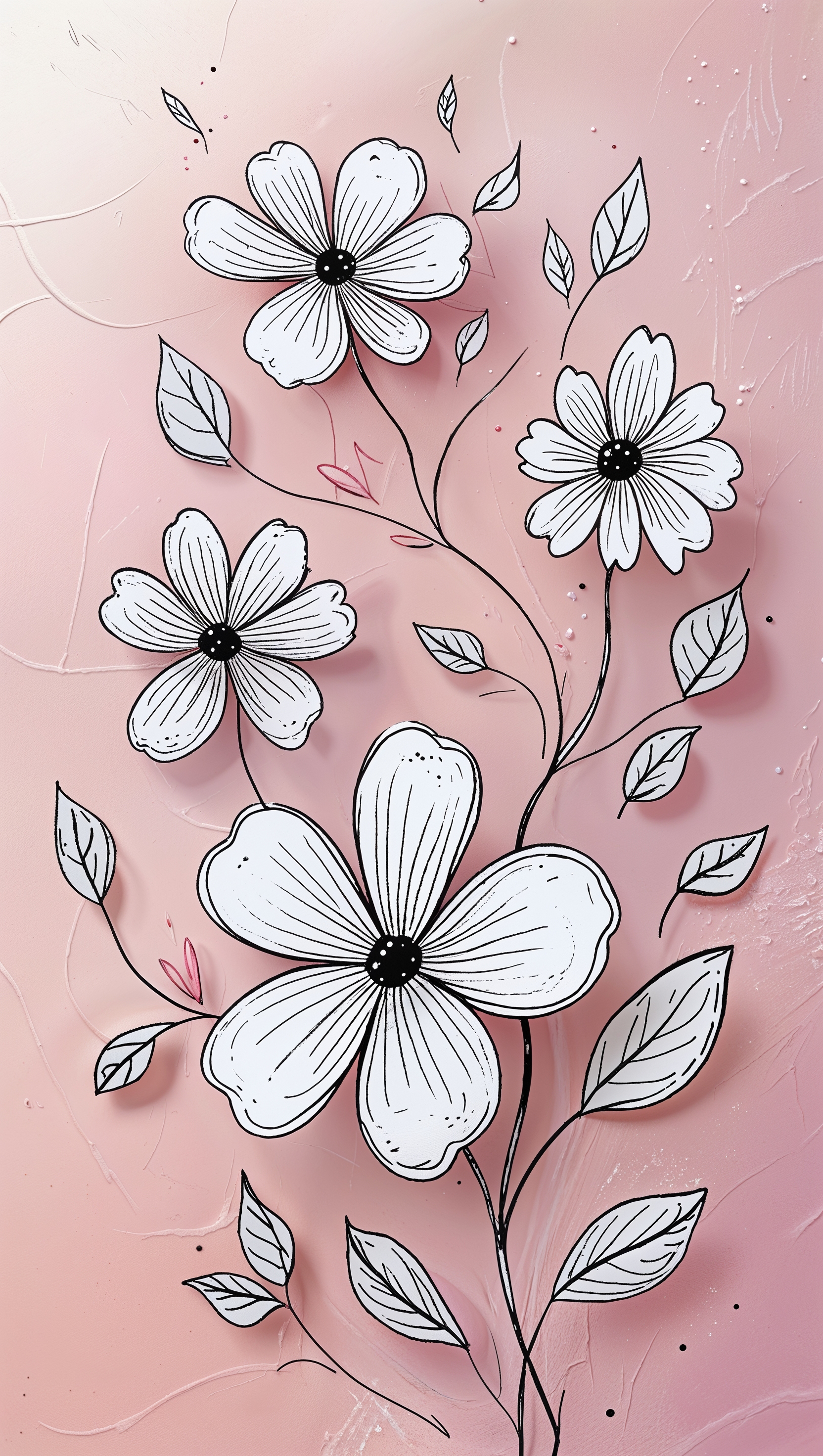 Doodle style flowers and leaves on pale pink background