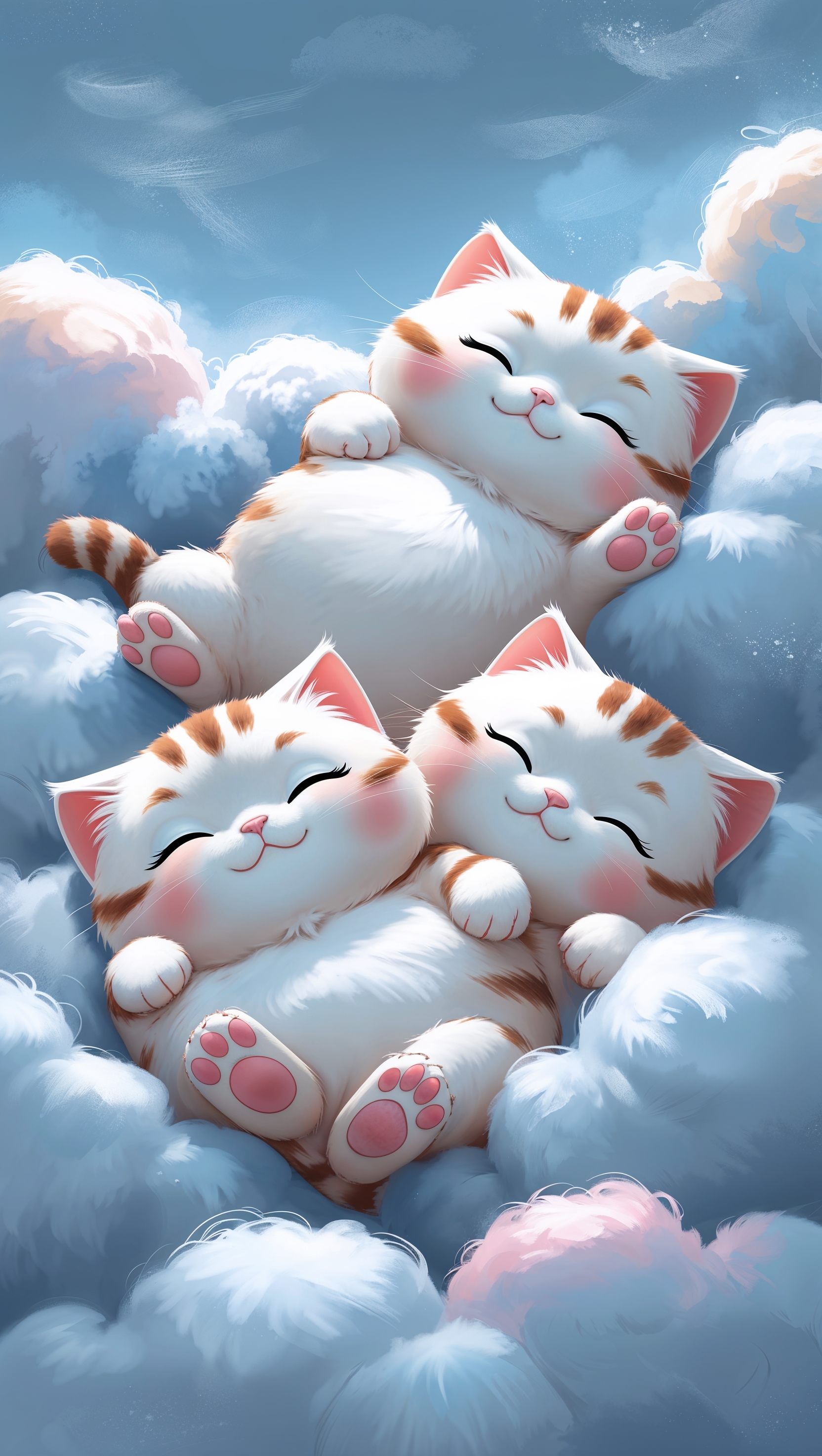 Chubby cartoon cats sleeping on fluffy clouds in sky blue background