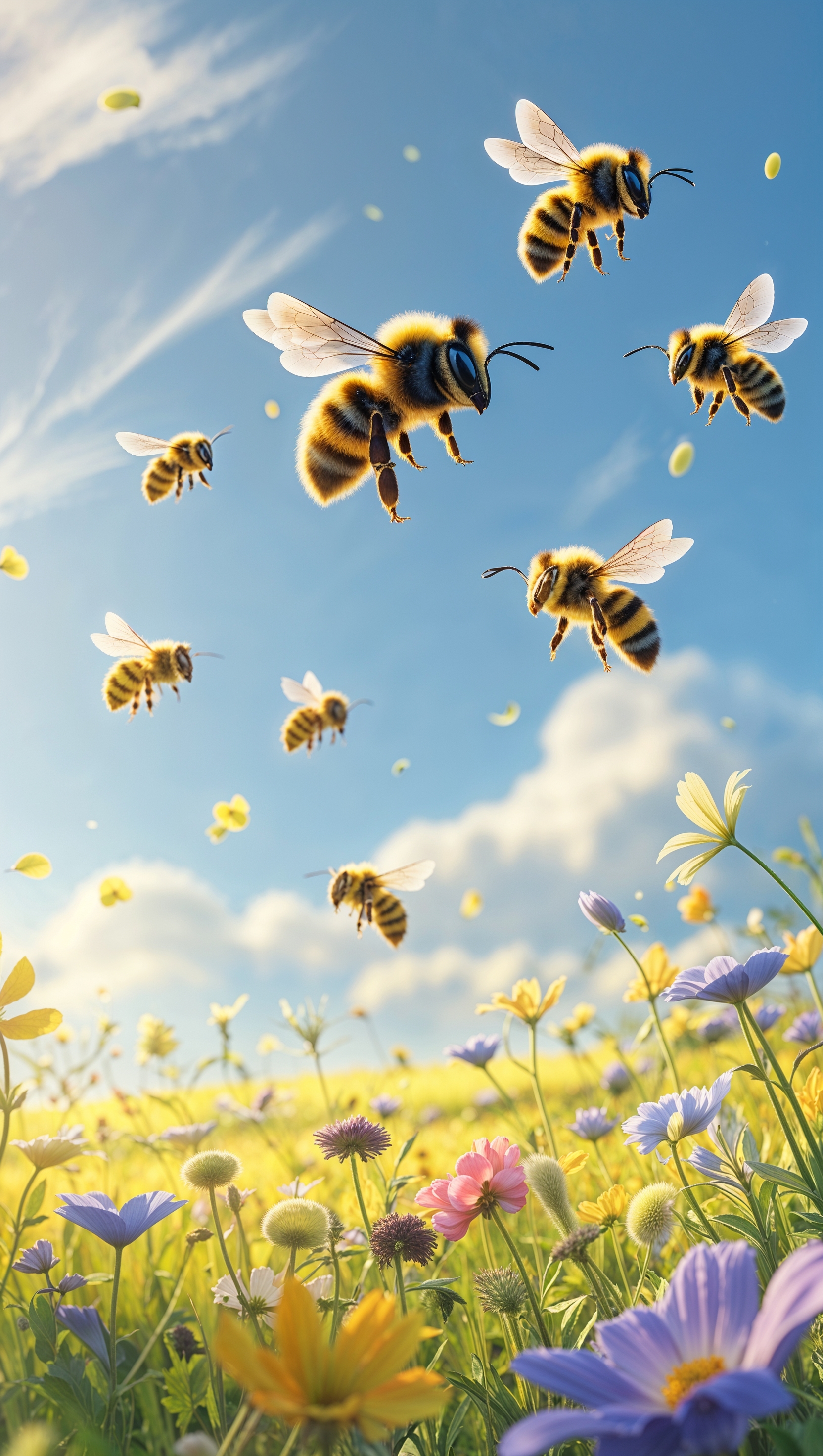 Cute bees flying over soft yellow floral field