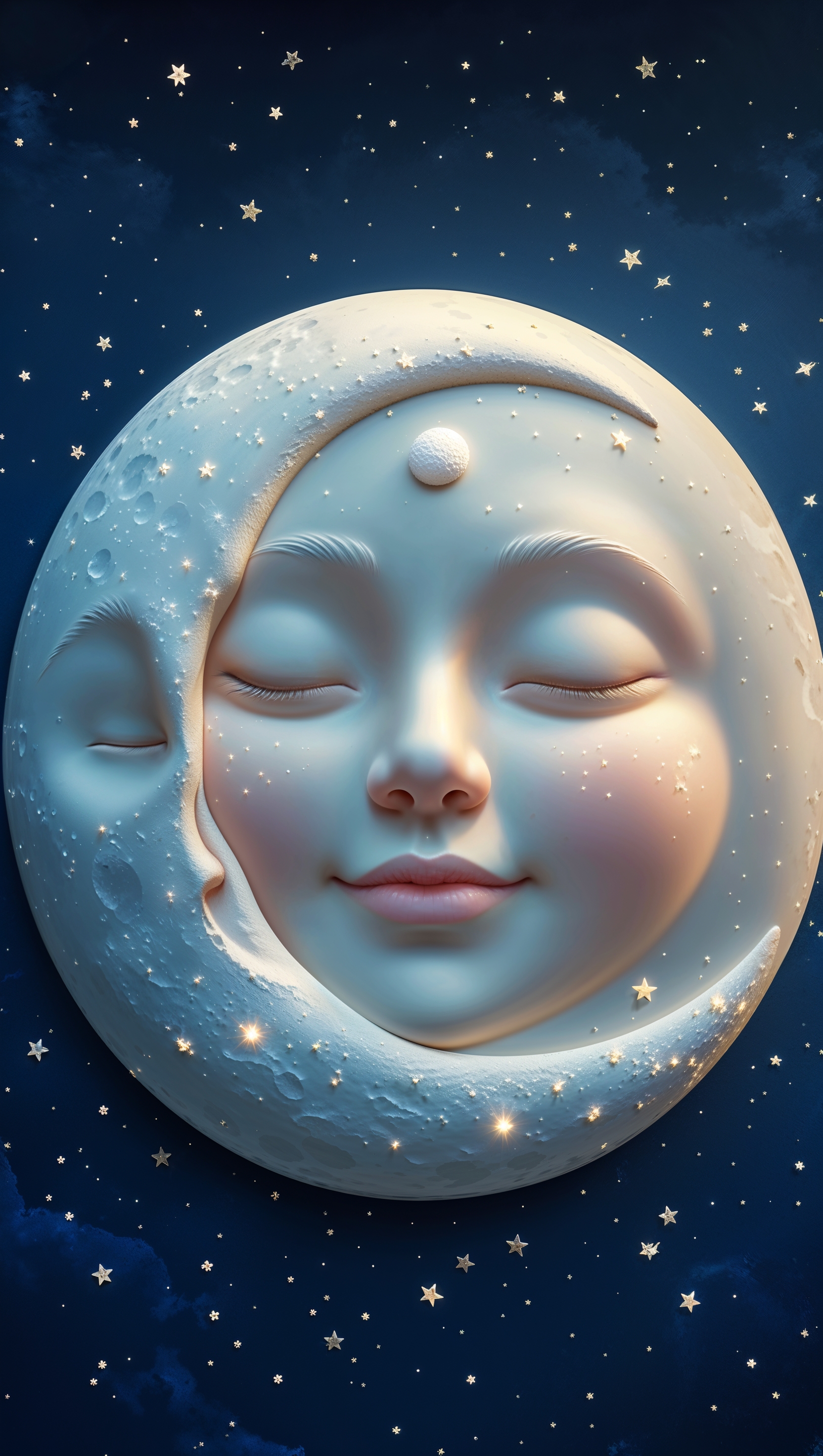 Sleeping moon with a cute face and tiny stars on navy background