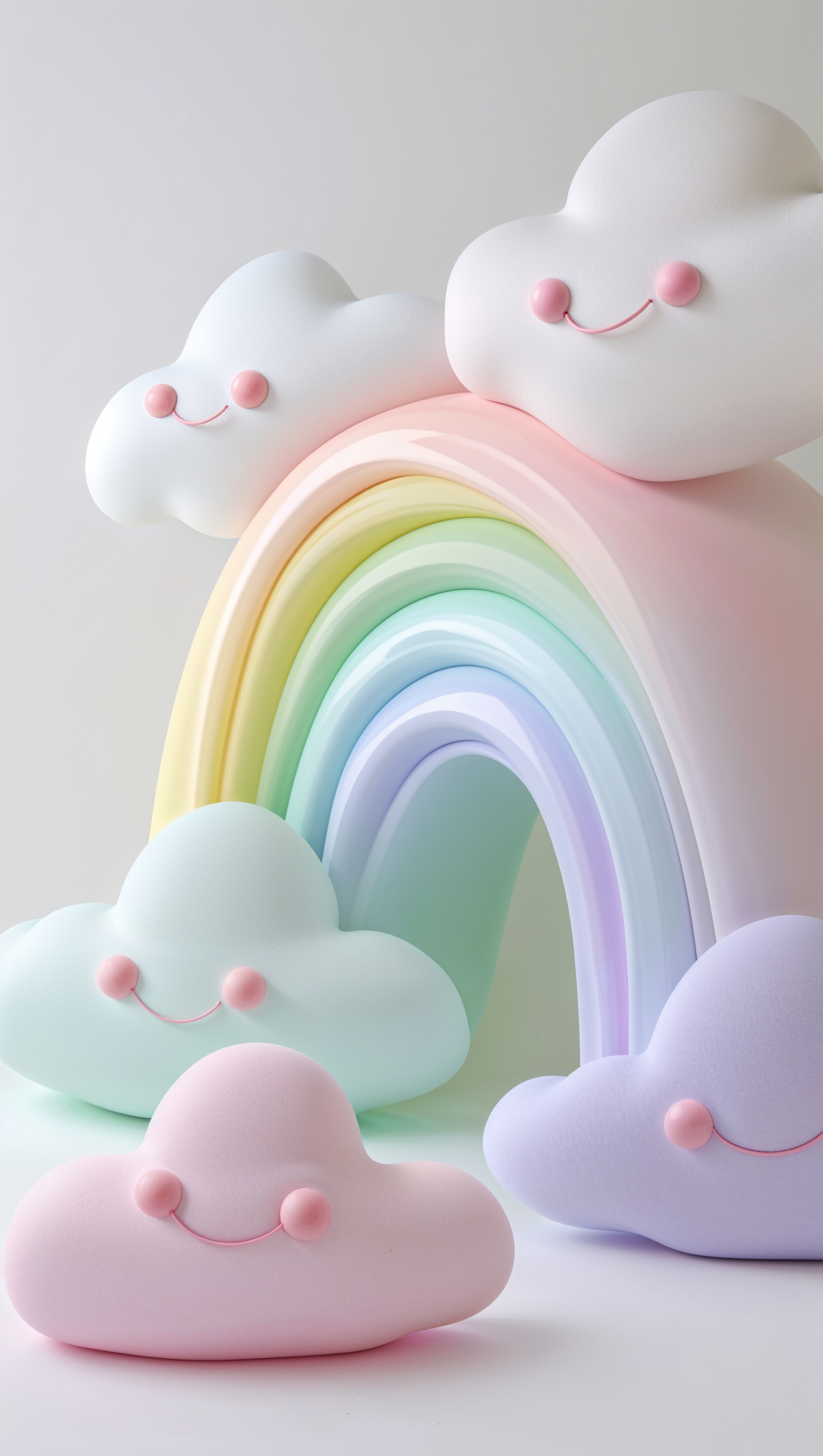 Cute pastel rainbow with smiling clouds on white background