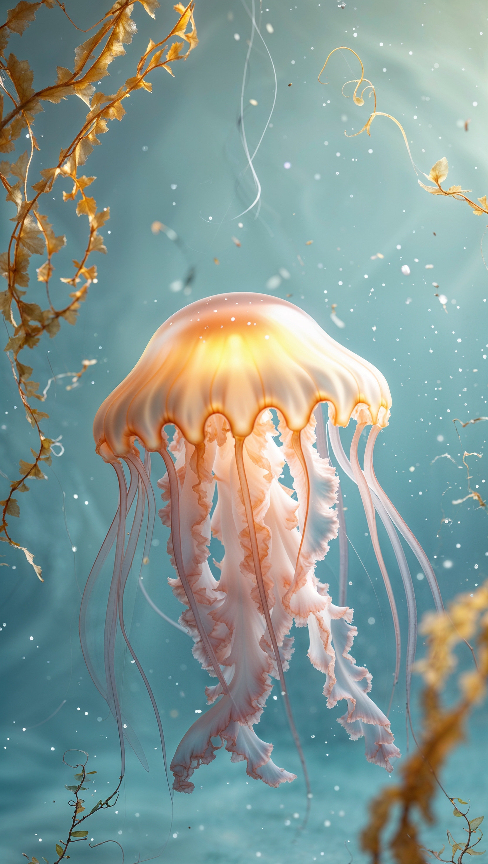 Cute jellyfish with glowing tentacles on pastel ocean blue background