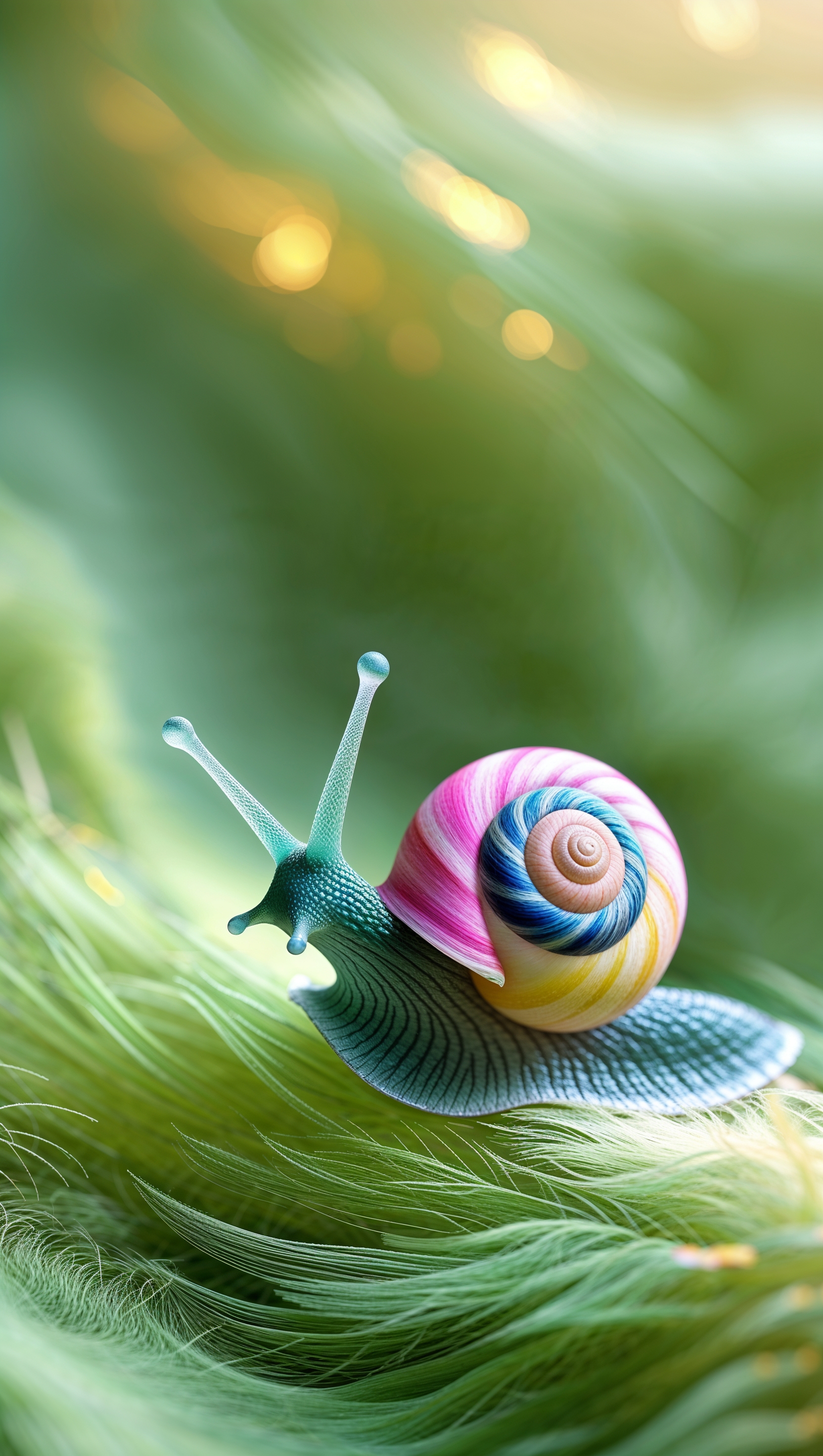 Whimsical snail with colorful shell crawling on soft green background