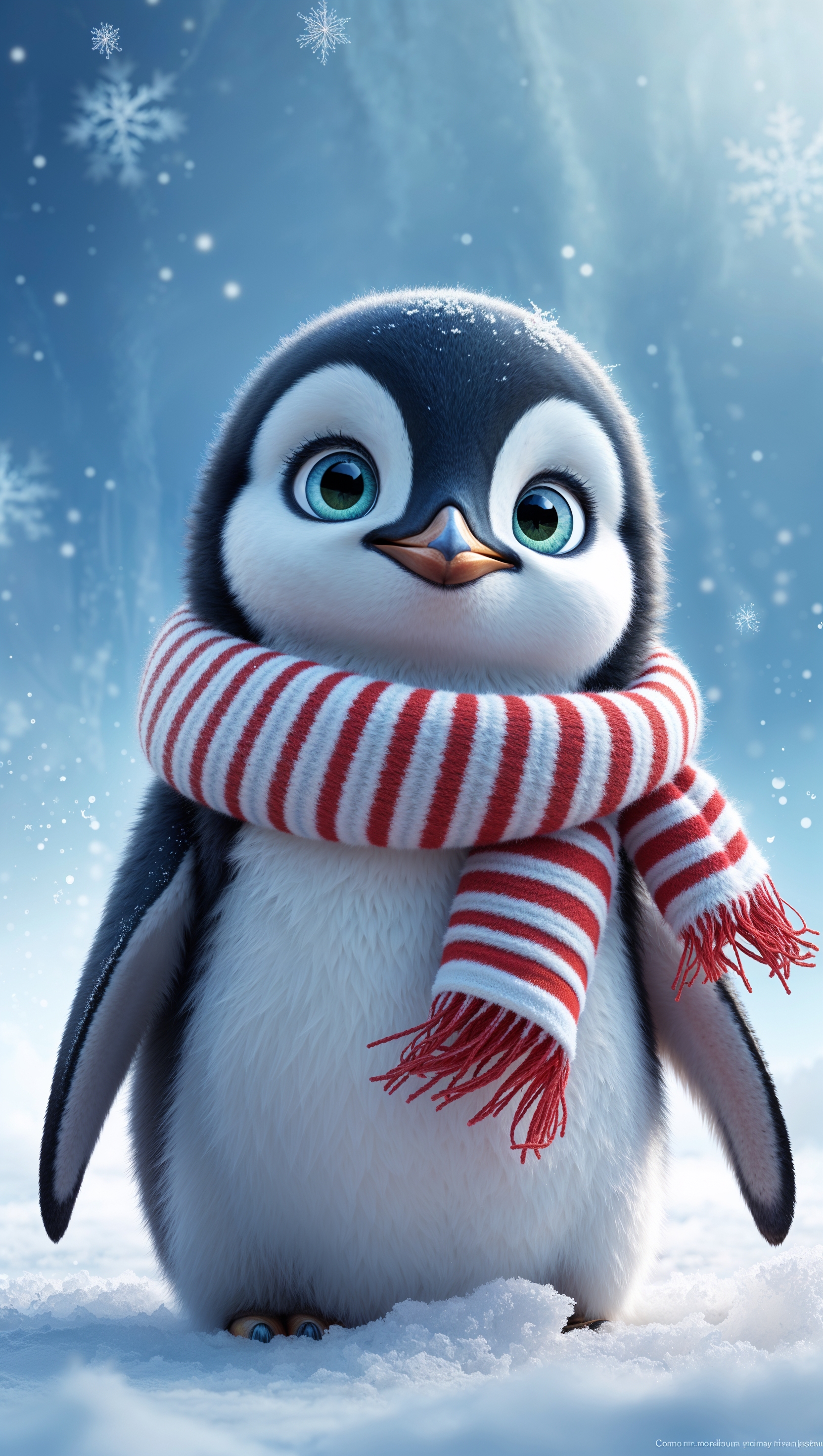 Cute penguin wearing scarf on icy blue winter background