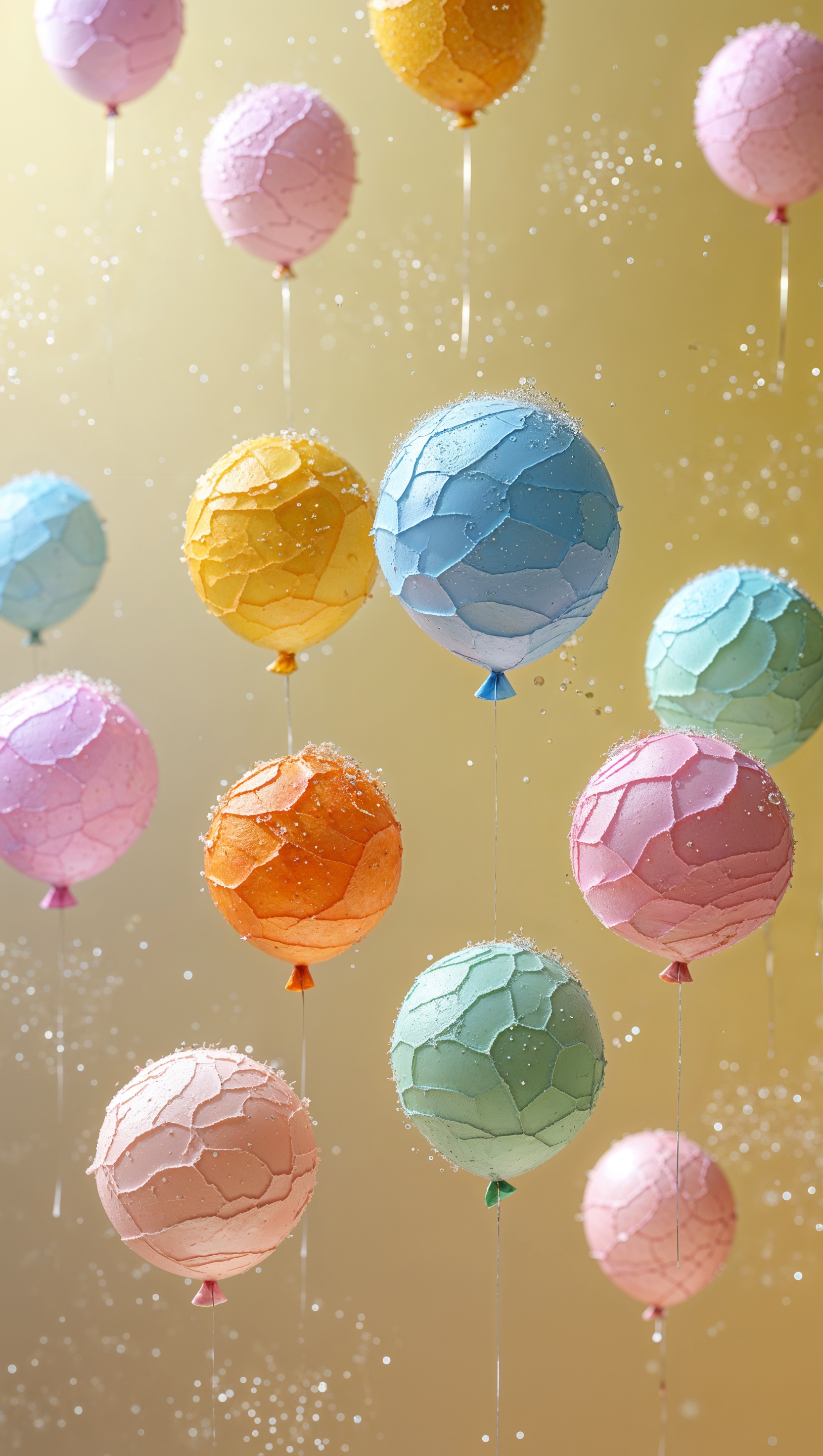 Tiny colorful balloons floating on soft yellow background with sparkles