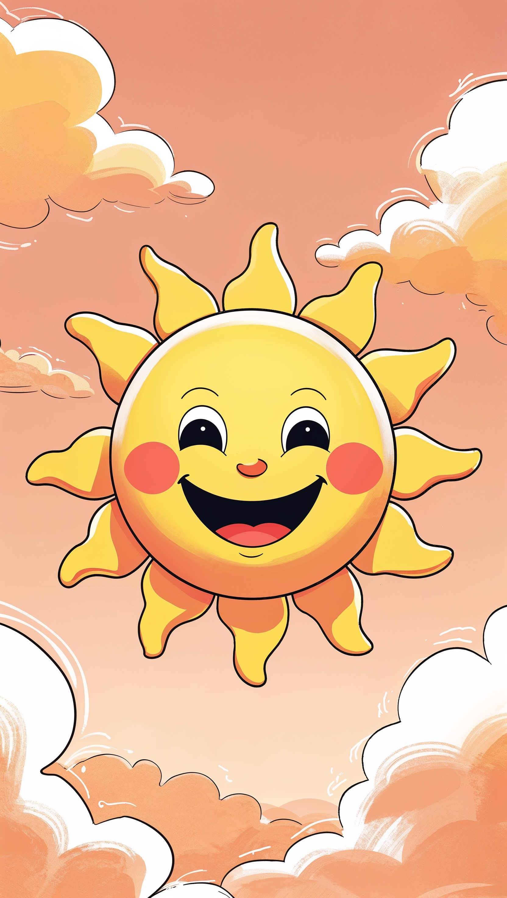 Cartoon style smiling sun with rosy cheeks on pastel orange sky