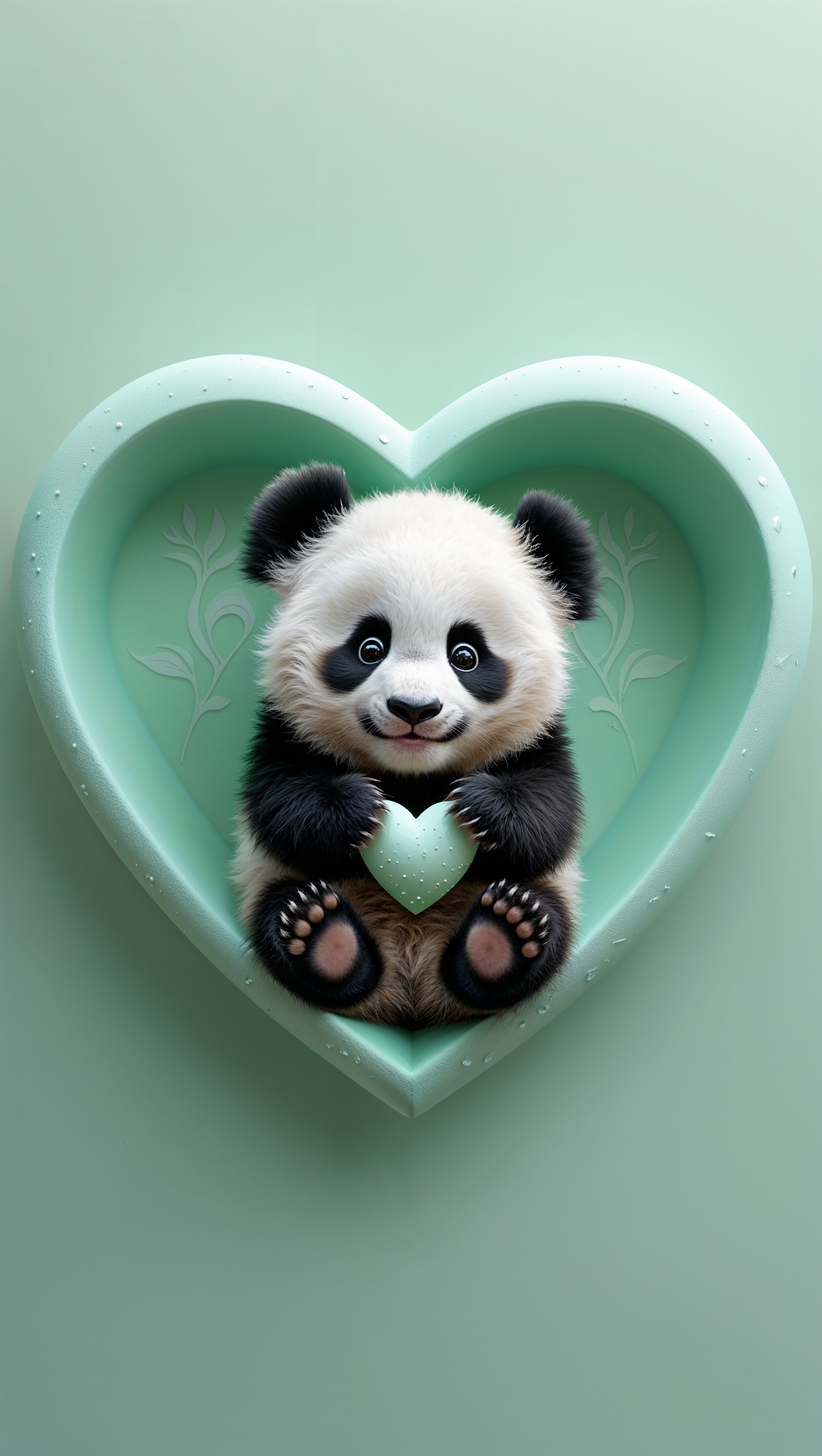Cute baby panda holding a heart on mint green background
