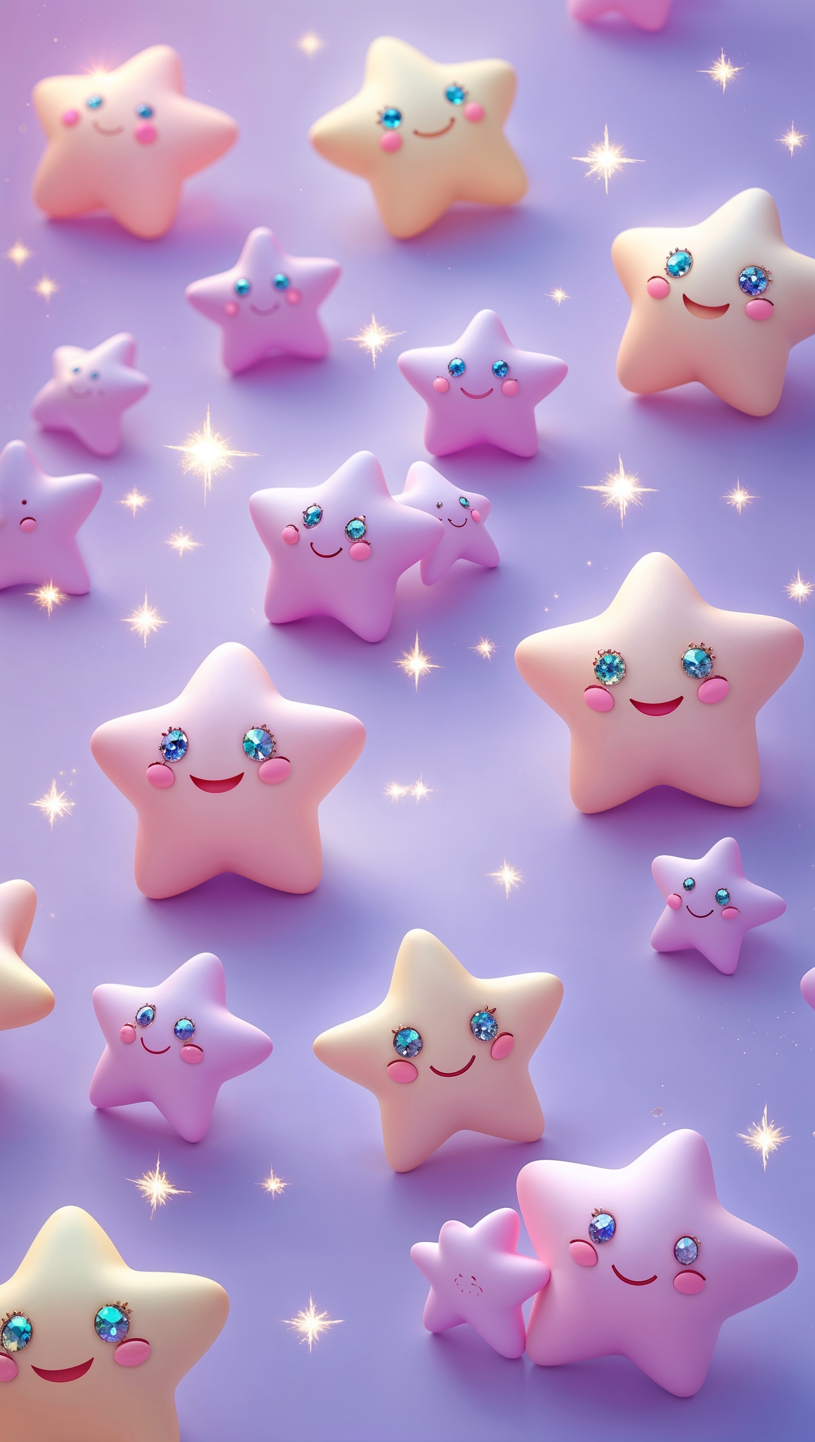 Kawaii-style smiling star characters scattered on lavender background