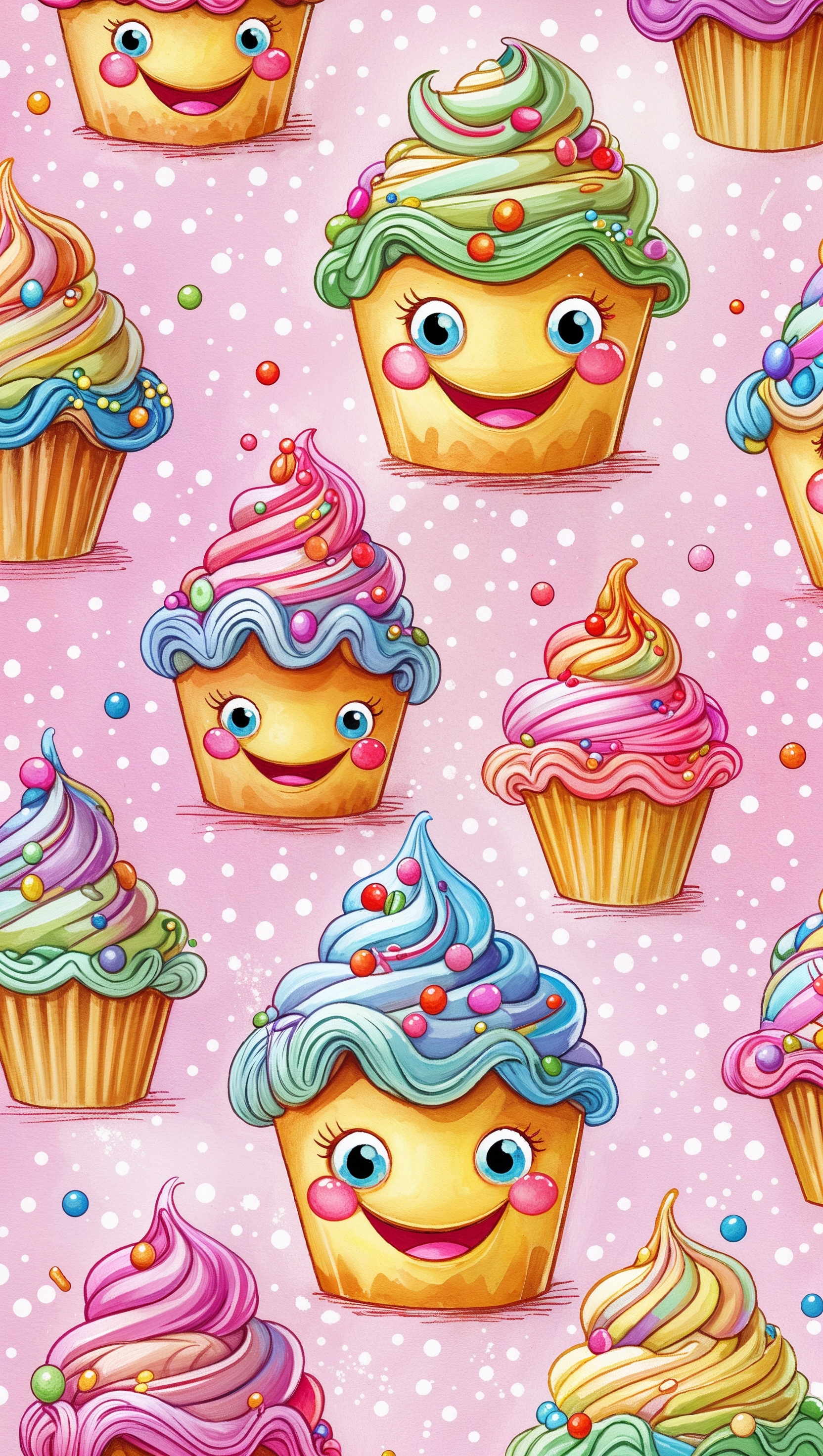 Cartoon cupcakes with smiling faces on soft pink polka dot background