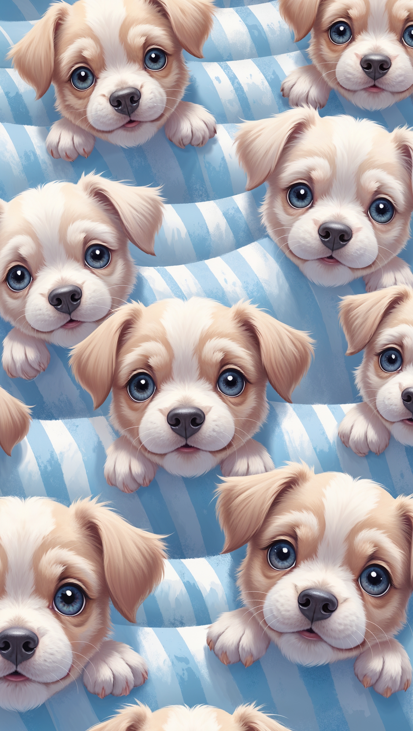 Cute puppy faces peeking out from pastel blue stripes background