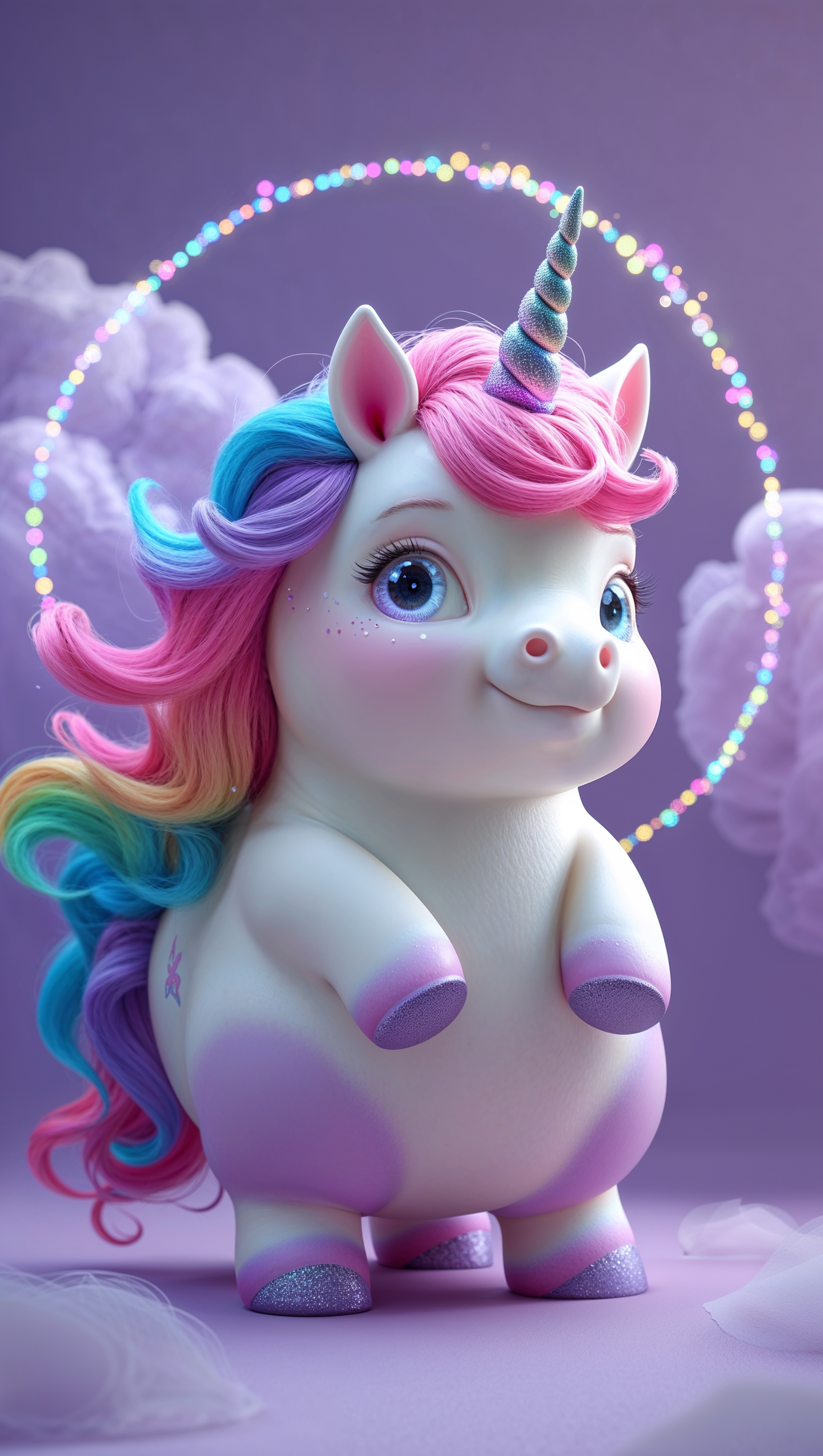 Chubby unicorn with rainbow mane on soft lilac background