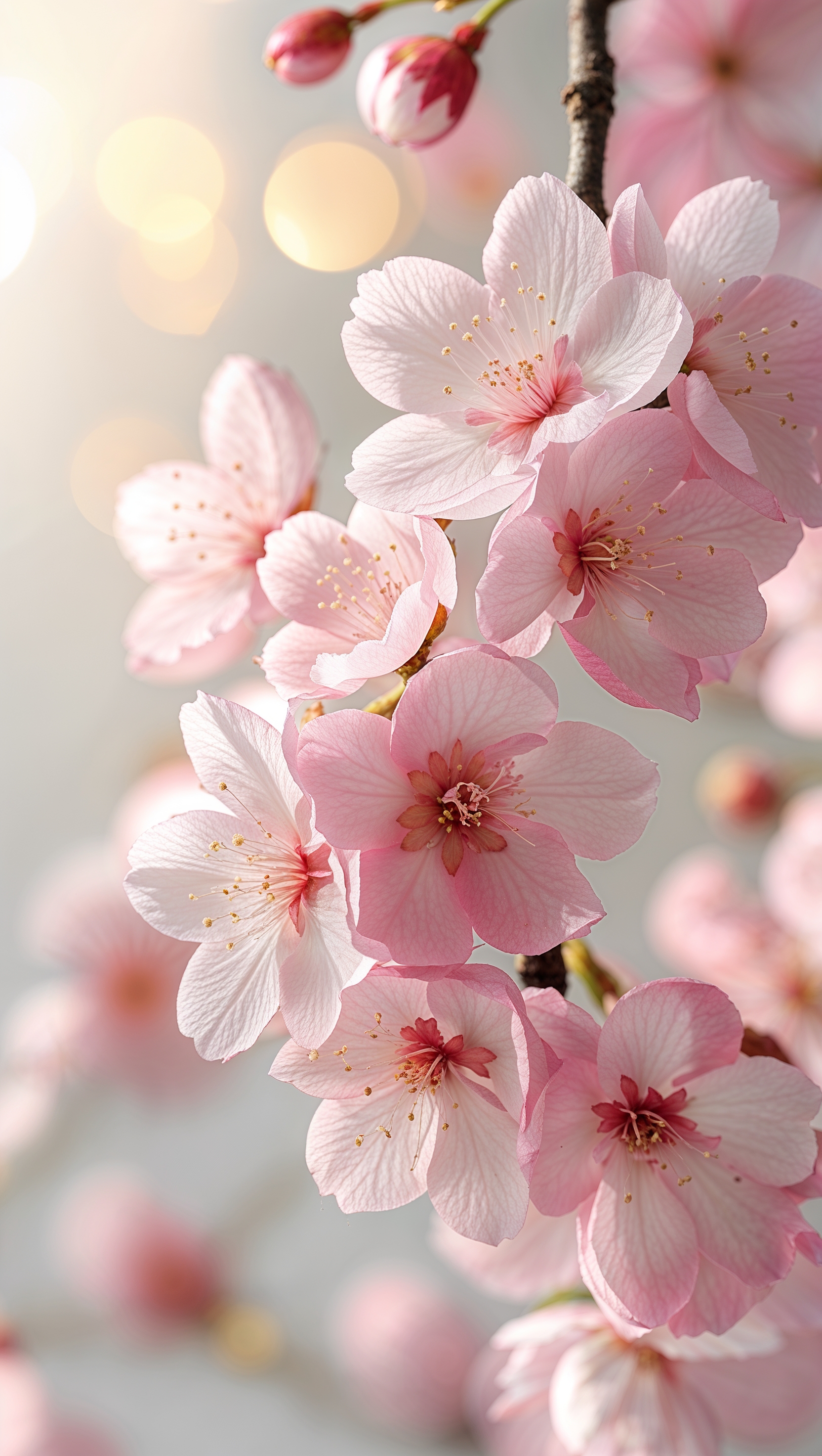 Close-up of cherry blossom petals in soft pink hues with blurred background, vertical iPhone wallpaper
