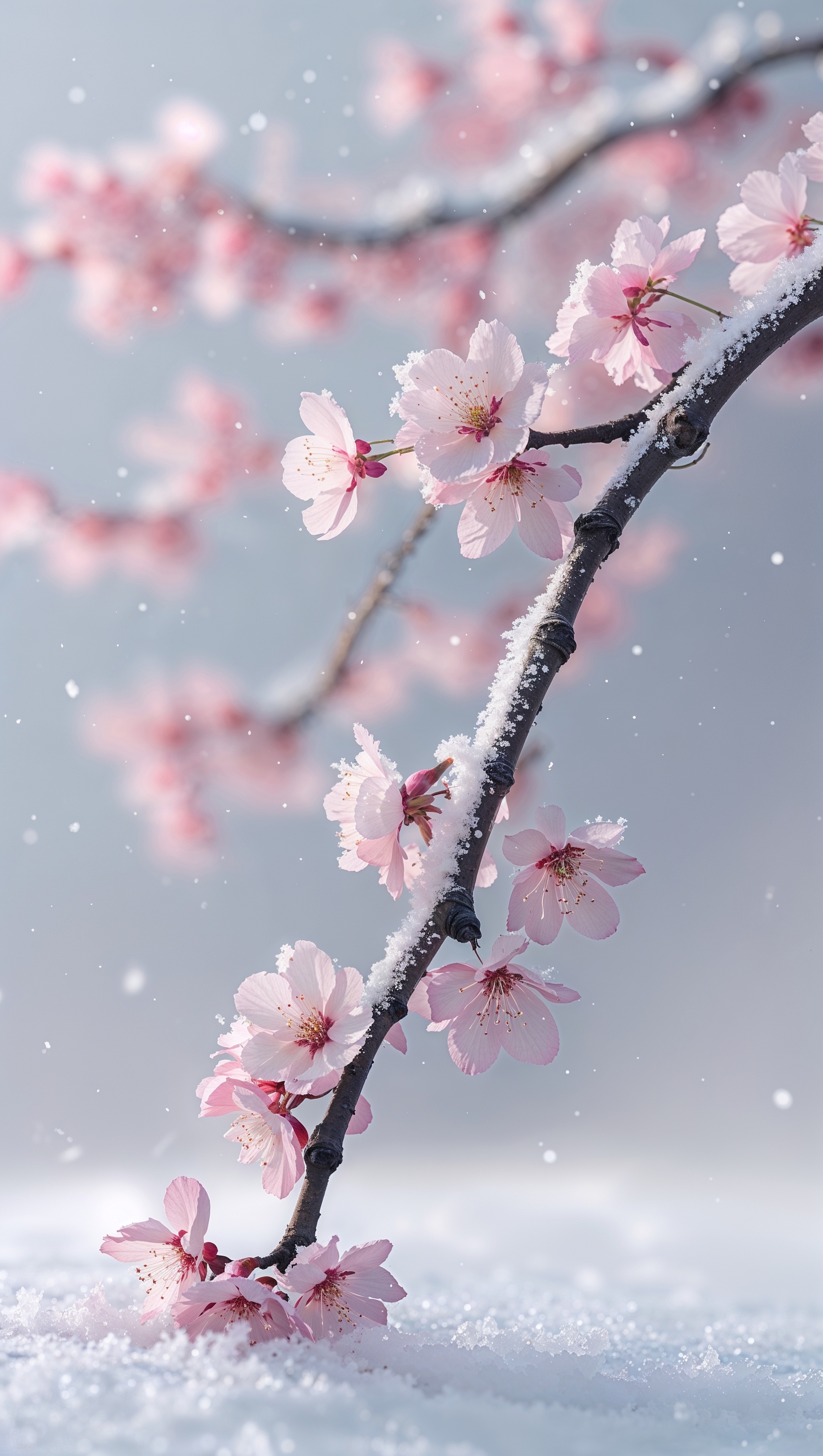 Snow-covered cherry blossom branch, mix of spring and winter mood